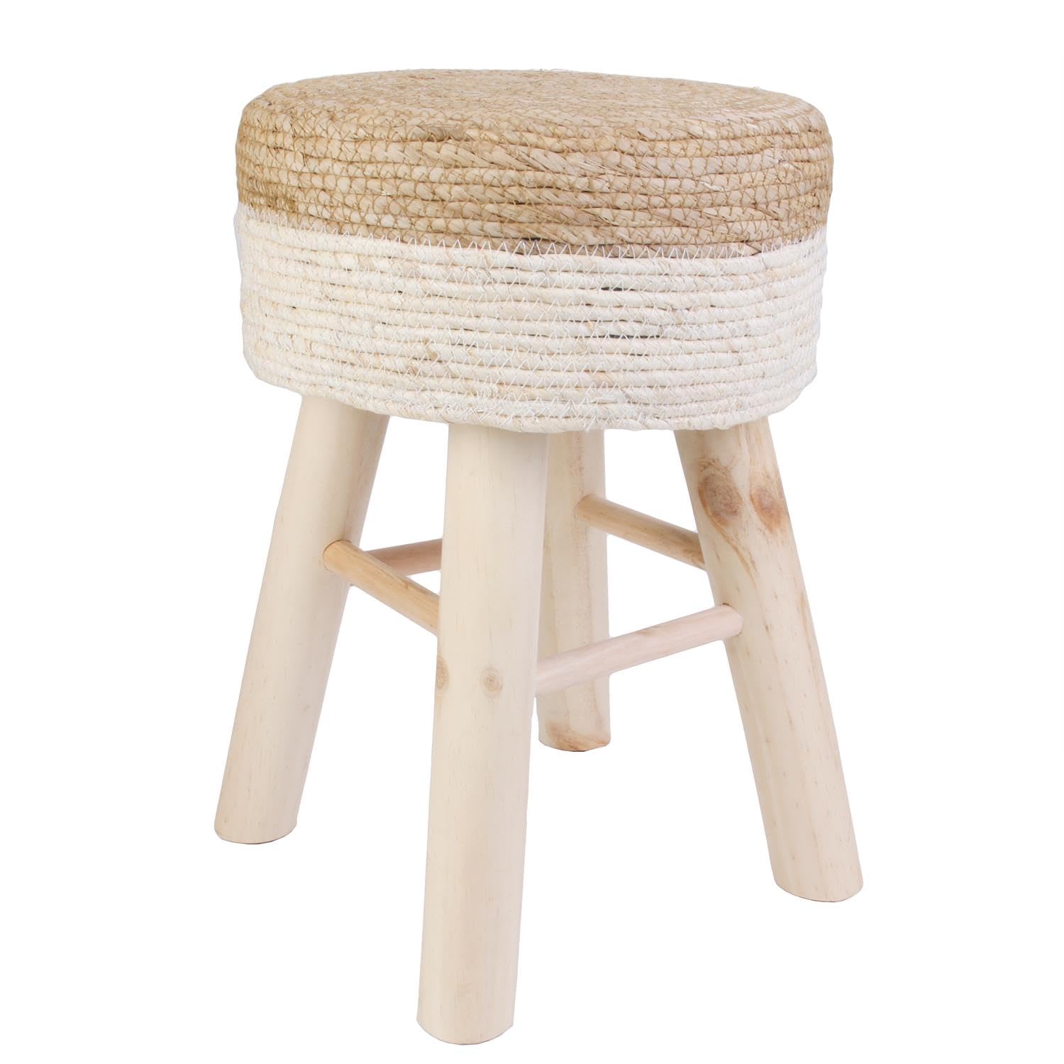 Sgabello rotondo in iuta, diametro 30 cm, altezza 42 cm, gambe in legno naturale, design bicolore marrone/bianco