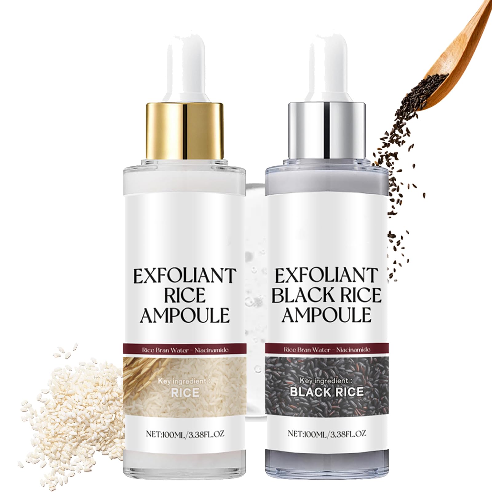 2PCS Peel Shot Glow Rice Ampoule Duo, White Rice + Black Rice Ampoule, Rice Gentle Face and Body Exfoliating Toner