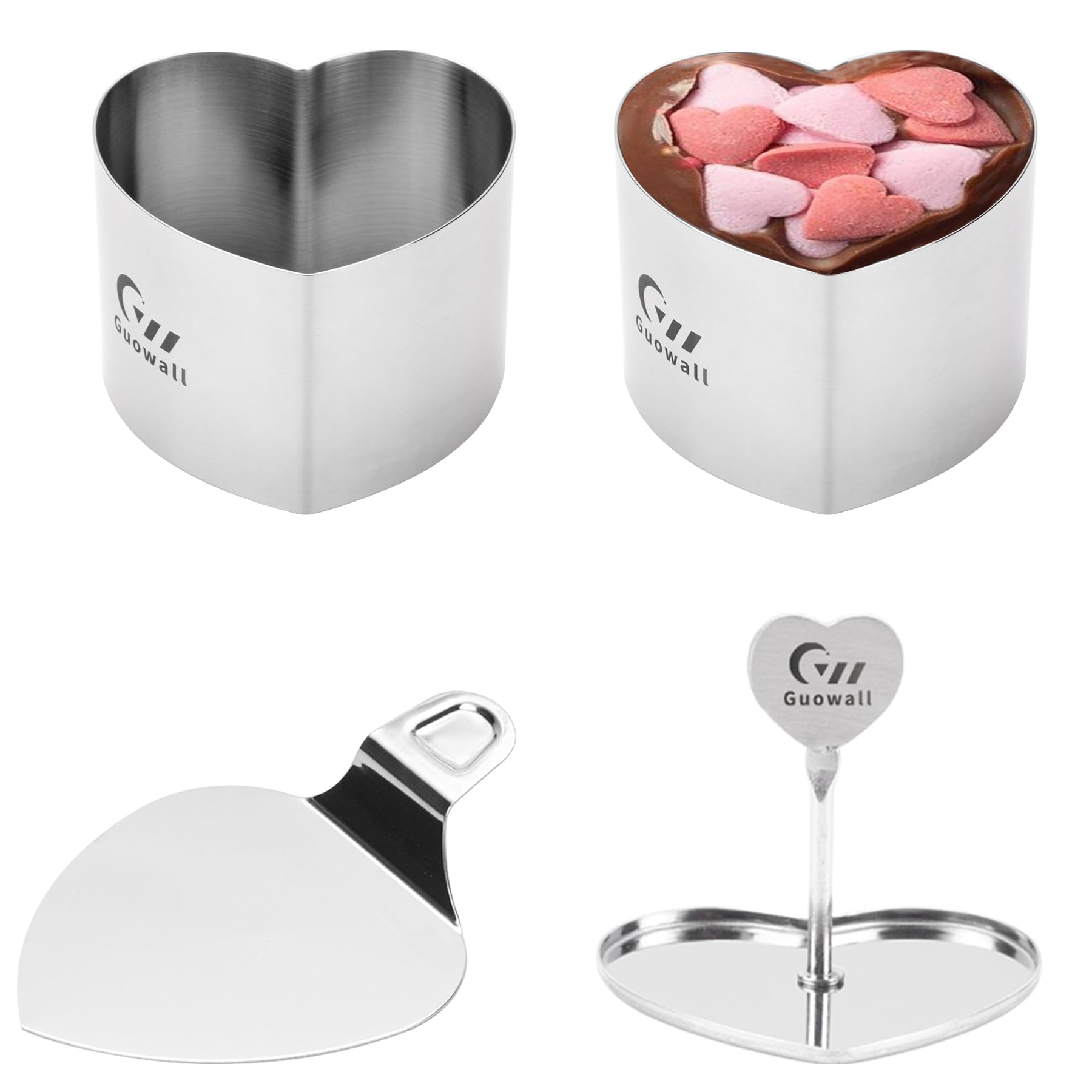Guowall Cake Rings Set, Heart Shaped Mousse Rings Stainless Steel Dessert Moulds with Food Press and Spatula, Heart-Shaped Mould for Crumpets Mousse Pastry Desserts