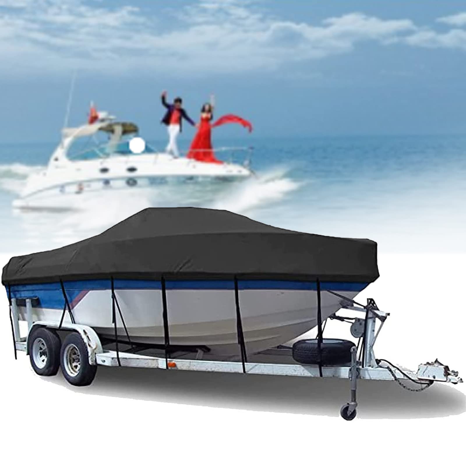 HUMNZR Boat Cover, Multifunction Boat Cover 600D Oxford Cloth Waterproof Anti Snow Boat Cover, Fit V-Hull,TRI-Hull,Runabout,Storage Bag,Black-13FT