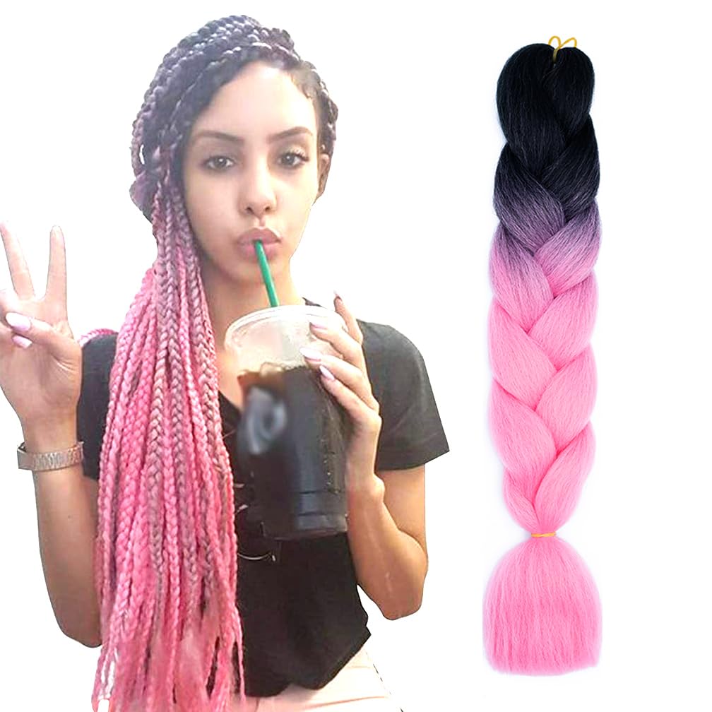 Braiding Hair Ombre Black to Pink Braid Hair Extensions Hot Water Setting High Temperature Synthetic Fiber 24 Inches(B4-1Pack)