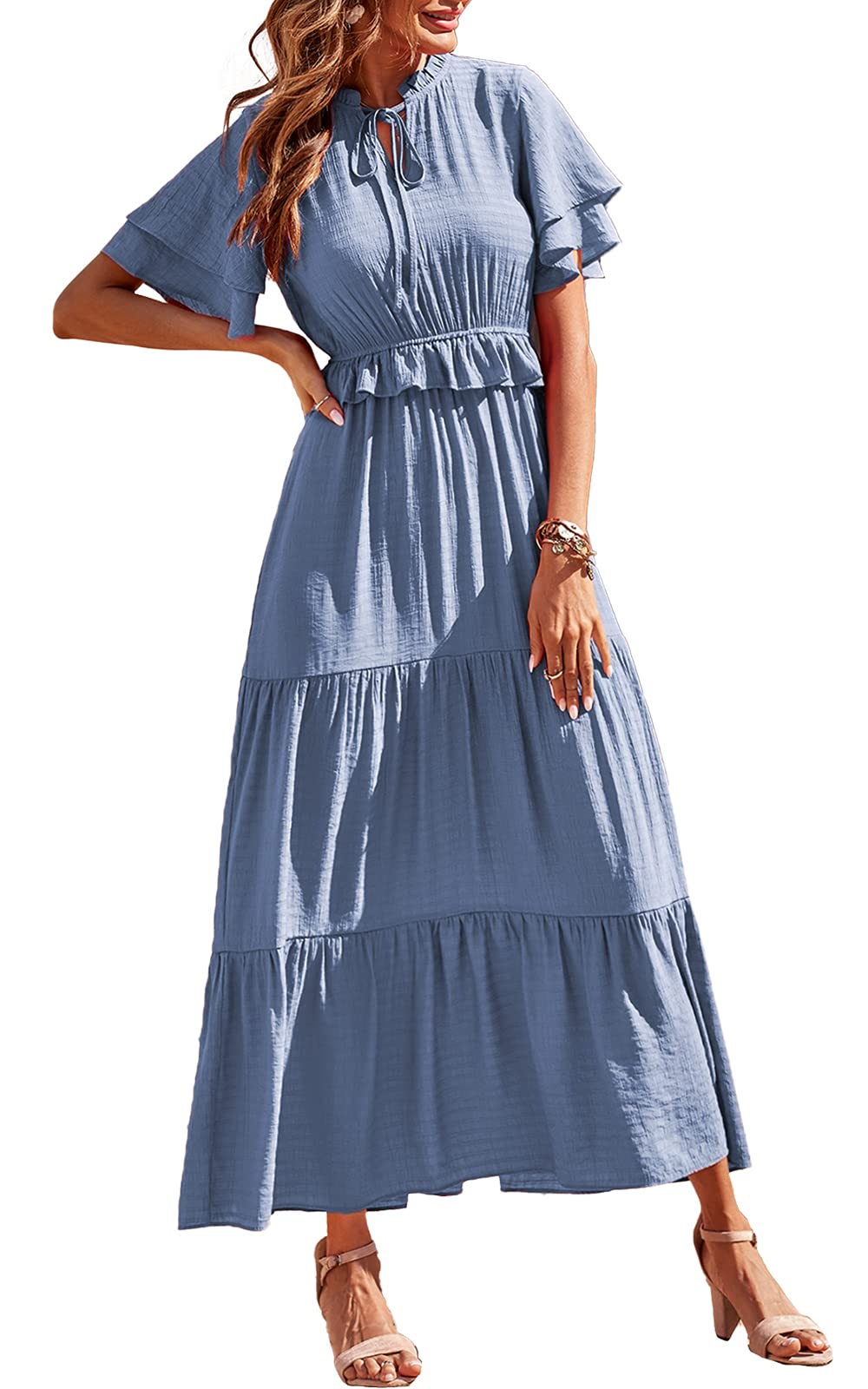 PRETTYGARDEN Womens Summer Boho Maxi Dress Short Sleeve V Neck Ruffle Trim High Waisted Tiered Party Flowy Long Dresses 2023