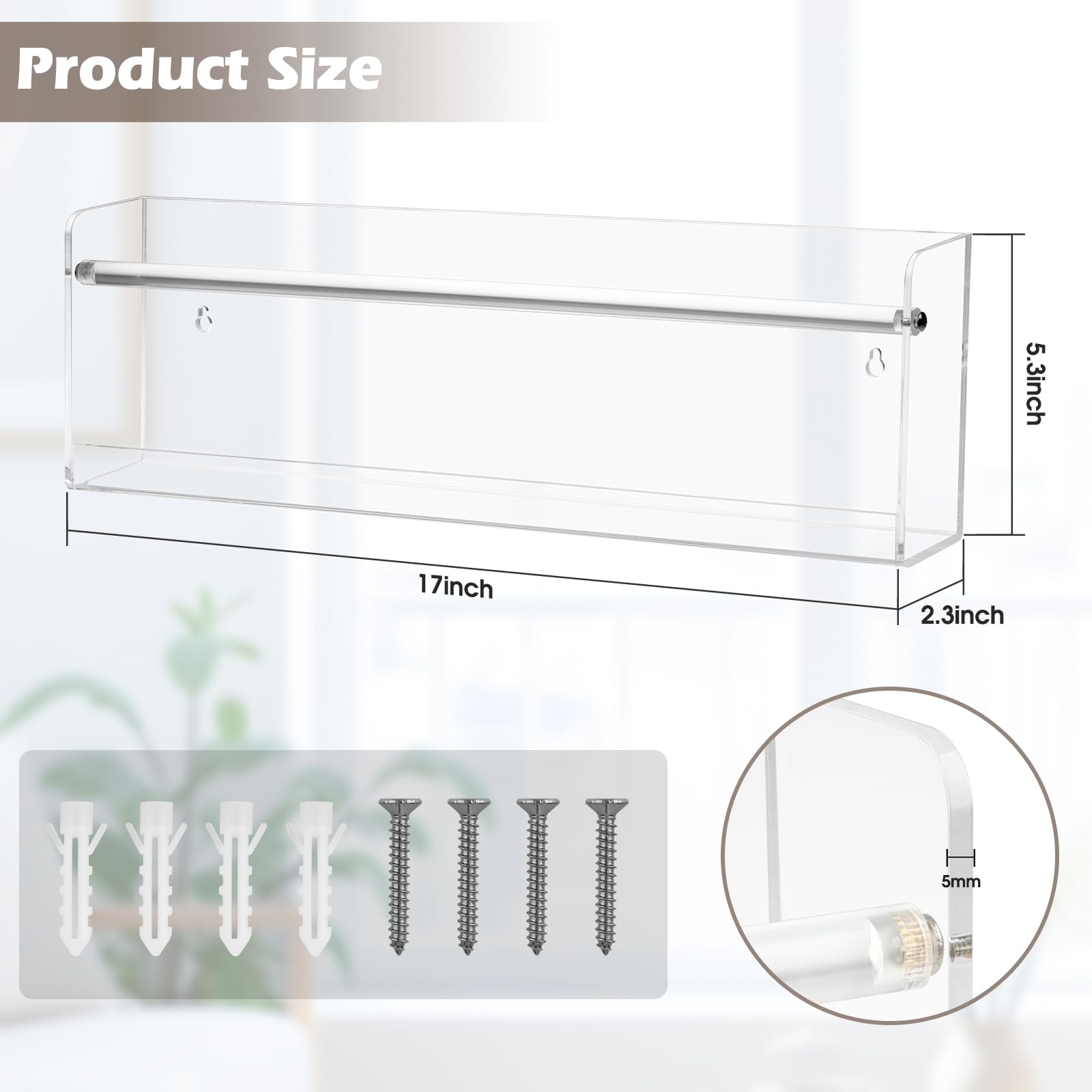 Novacrylion 2 Pack Wall Mount Magazine Holder & Paper Organizer, 17 Inch Acrylic Floating Book Shelves for Nursery, Kids Room Decor