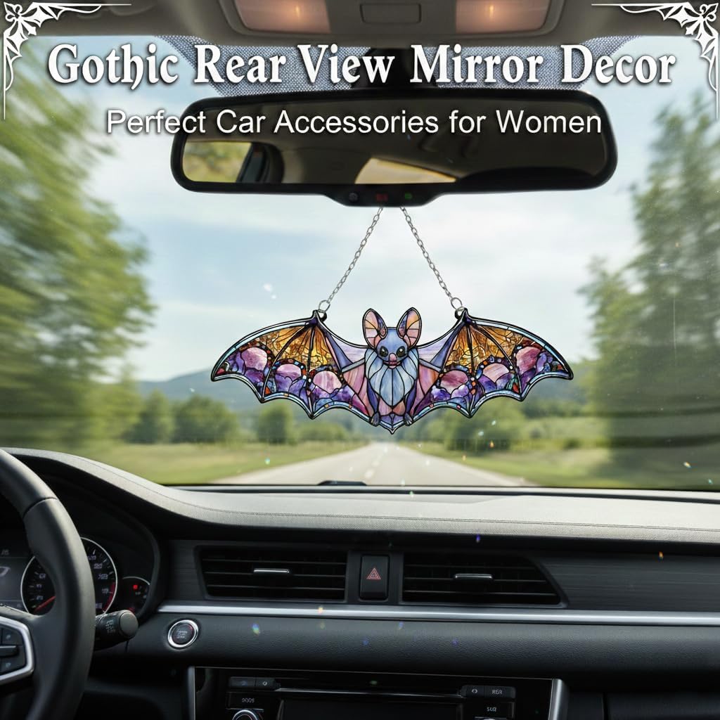 Bat Car Hanging Ornament, Stained Glass Style Bat Suncatcher, Gothic Rear View Mirror Decor, Halloween Bat Window Hanging, Witchy Gifts for Goth Women(Bat 4)