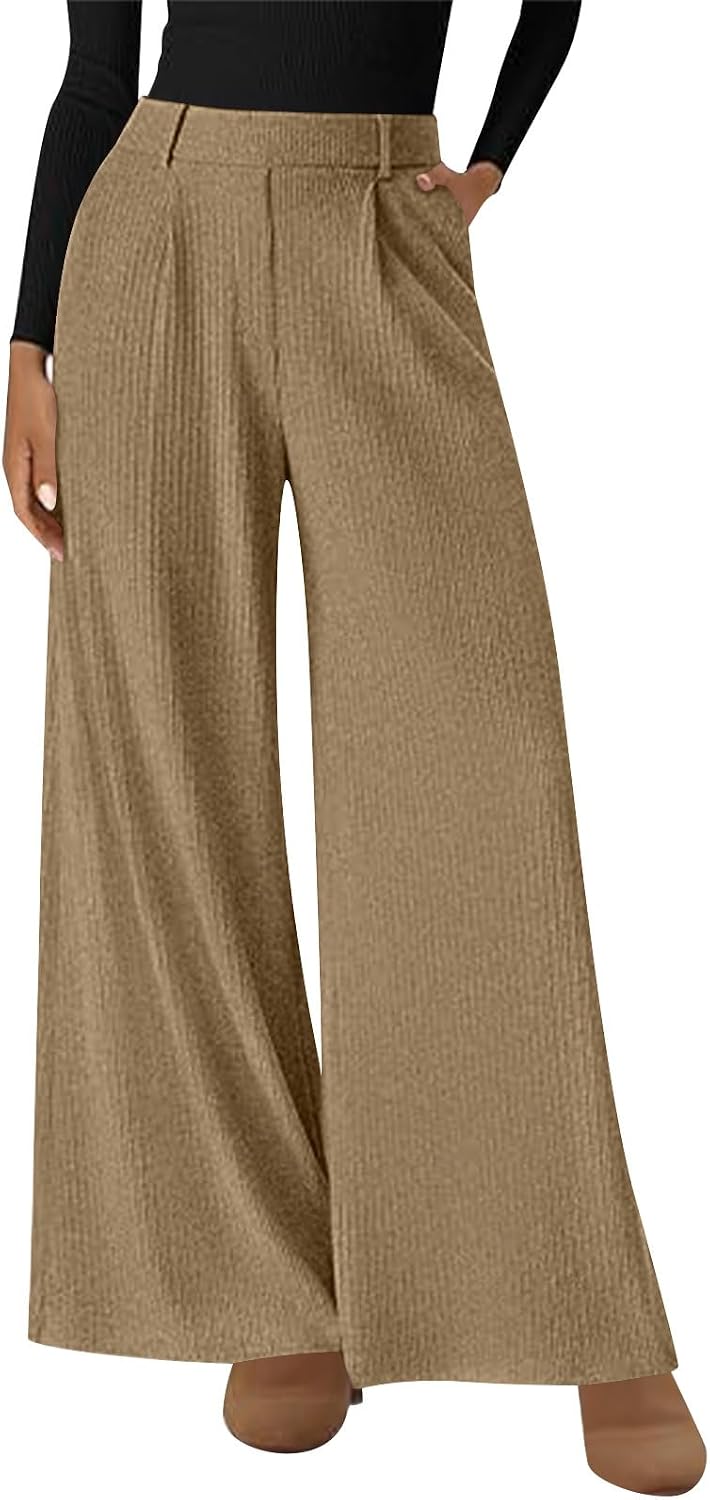 Women's Corduroy Pants High Waisted Baggy Wide Leg Solid Color Trousers with Pockets Business Casual Trendy Outfits