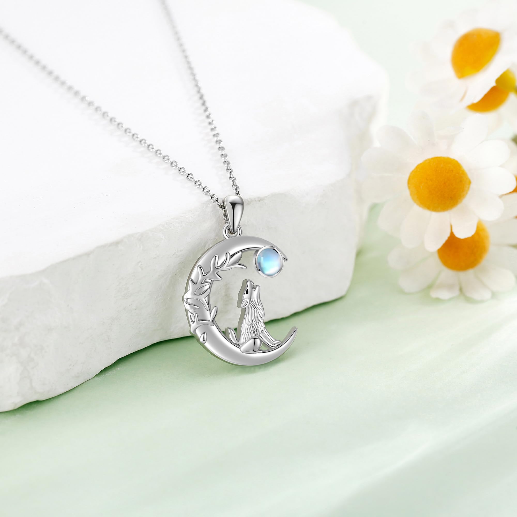 ONEFINITY Collar de lobo de plata de ley 925 con colgante de lobo y luna creciente, collar de piedra lunar, regalo para mujer, Piedra de luna