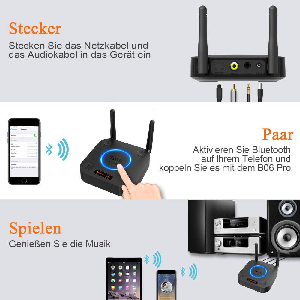 1Mii B06Pro Bluetooth 5.3 HiFi Empfänger, Kabelloser Audio Adapter aptX Low Latency 3D Surround Optisch Koaxial 3,5mm AUX