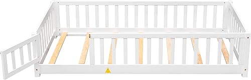 Miniatura 7 de Harper  Bright Designs Cama de piso individual para niños marco de cama Montessori con valla y puerta cama de plataforma individual de madera para