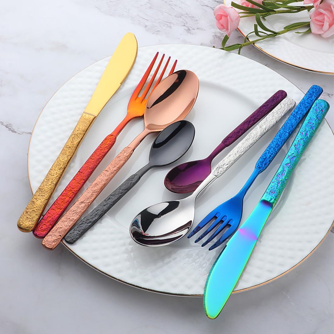 Flatware Set 32 Piece Black Silverware Set for 8 Hammered Handle 18/8 Food-Grade Stainless Steel Halloween Essentials Christmas