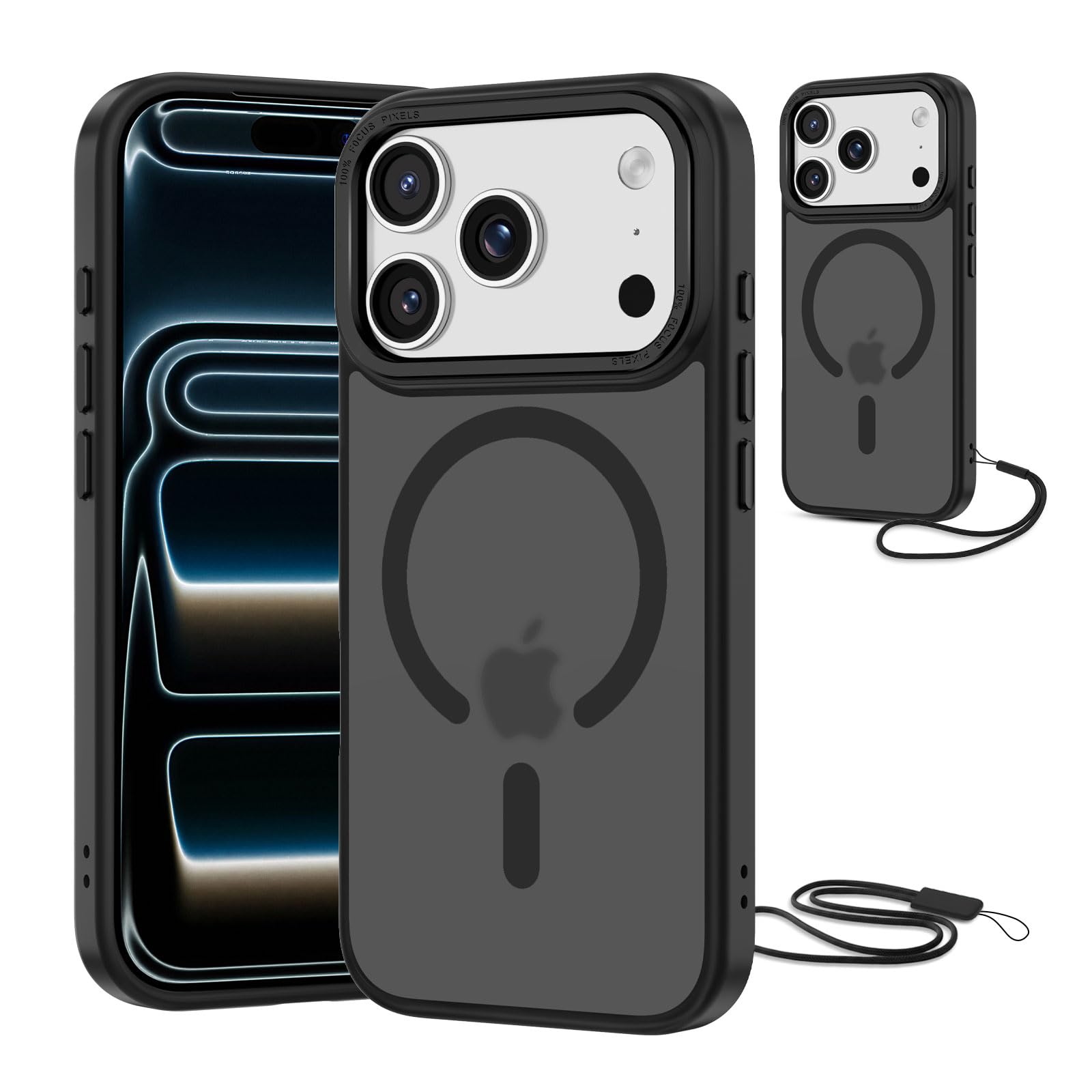 NEW'C Magnetisch Hülle für iPhone 17 Pro Max (6,9 Zoll) kompatibel mit MagSafe Ultimate, stoßfest-starker Magnetismus und militärischer Schutz-Matte, durchscheinende Hülle mit Umhängeband-Schwarz