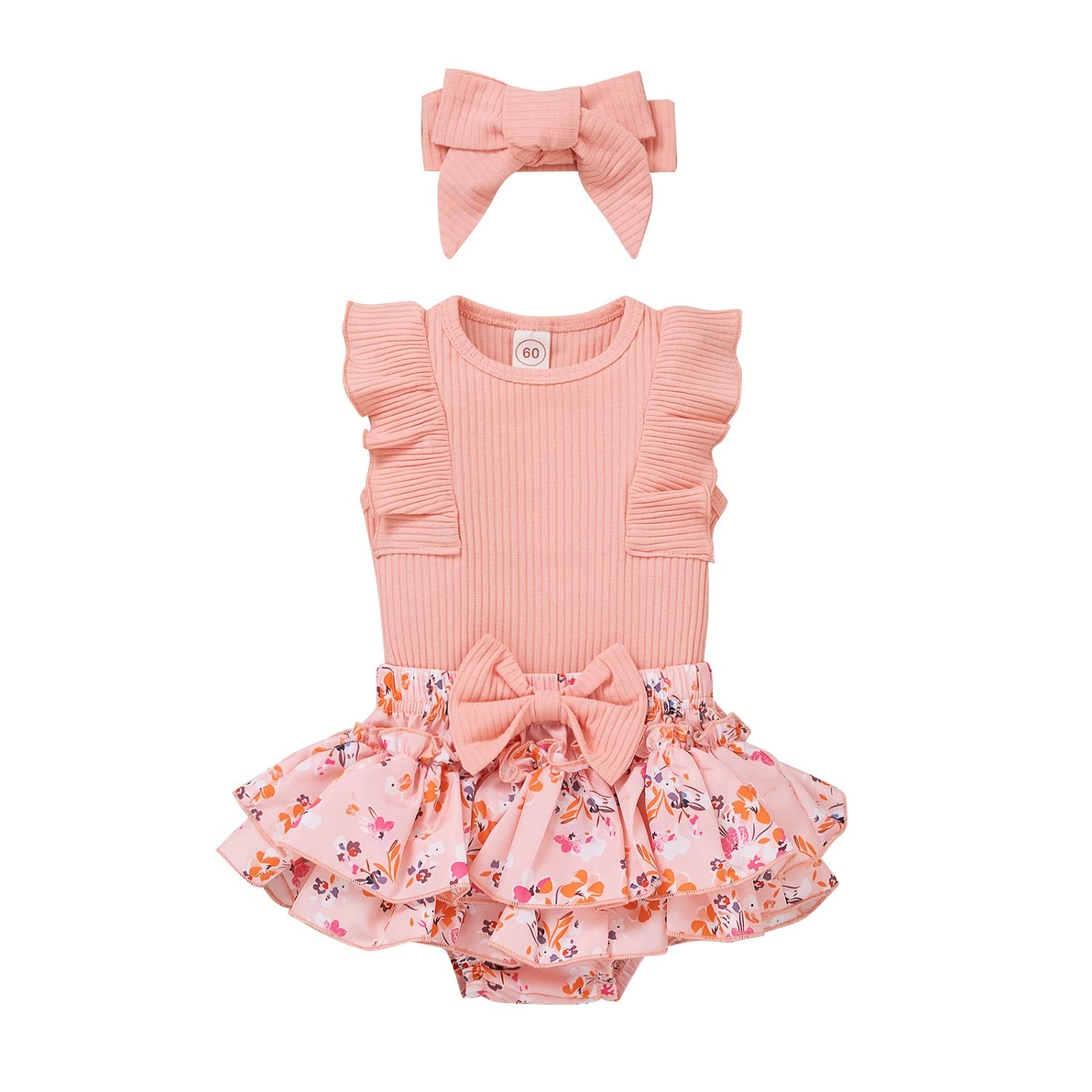 AIOIDI AIOIDI Conjunto Ropa Bebe Niña Recien Nacido Verano Floral Falda de Tirantes+ Manga Corta Volantes Mameluco +Diademas con lazo (0-24meses) 3 Piezas
