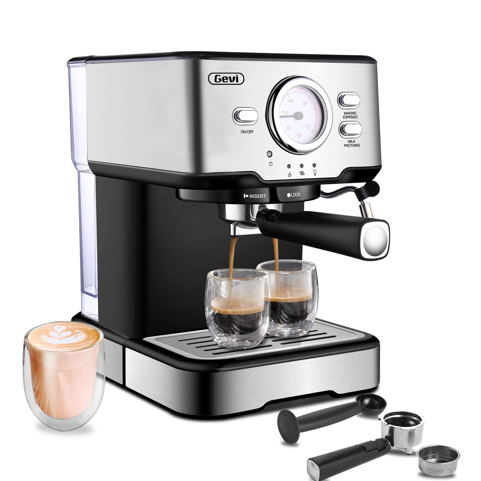Gevi Espresso Machine 15 Bar Pump Pressure, Cappuccino Coffee Maker with Milk Foaming Steam Wand