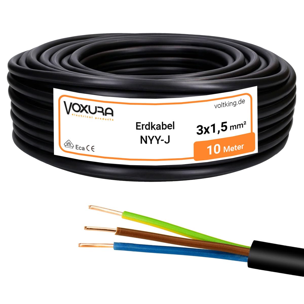 NYY-J 3x1,5 mm² 10m Ring Erdkabel Stromkabel Verlegung im Freien Erdreich Kupfer