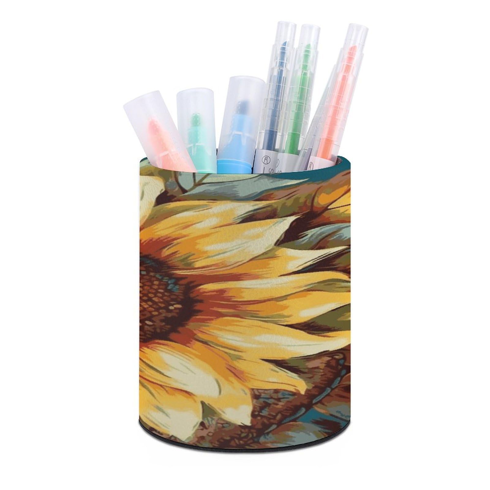 JTREHY Color Painting Sunflower Pen Holder Round Pen Pencil Holder Makeup Brush Holder Cup PU Leather Pencil Cup Desktop Caddy Stationery Organizer Case Office Accessories Container Box