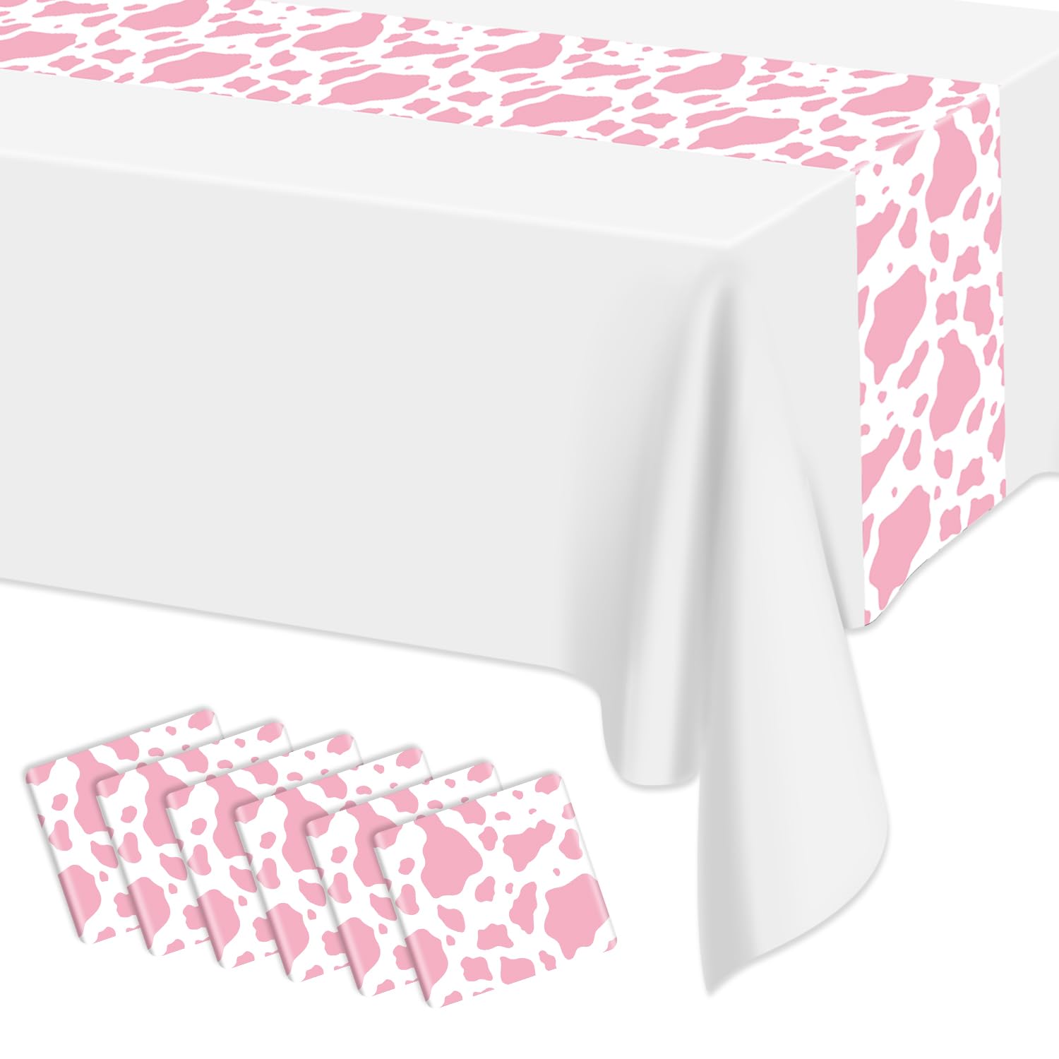 Hegbolke 6 Pcs Cow Print Table Runner, 14 x 108 in Pink and White Cow Table Runner Farm Western Tablecloth for Birthday Western Barnyard Home Kitchen Decorations