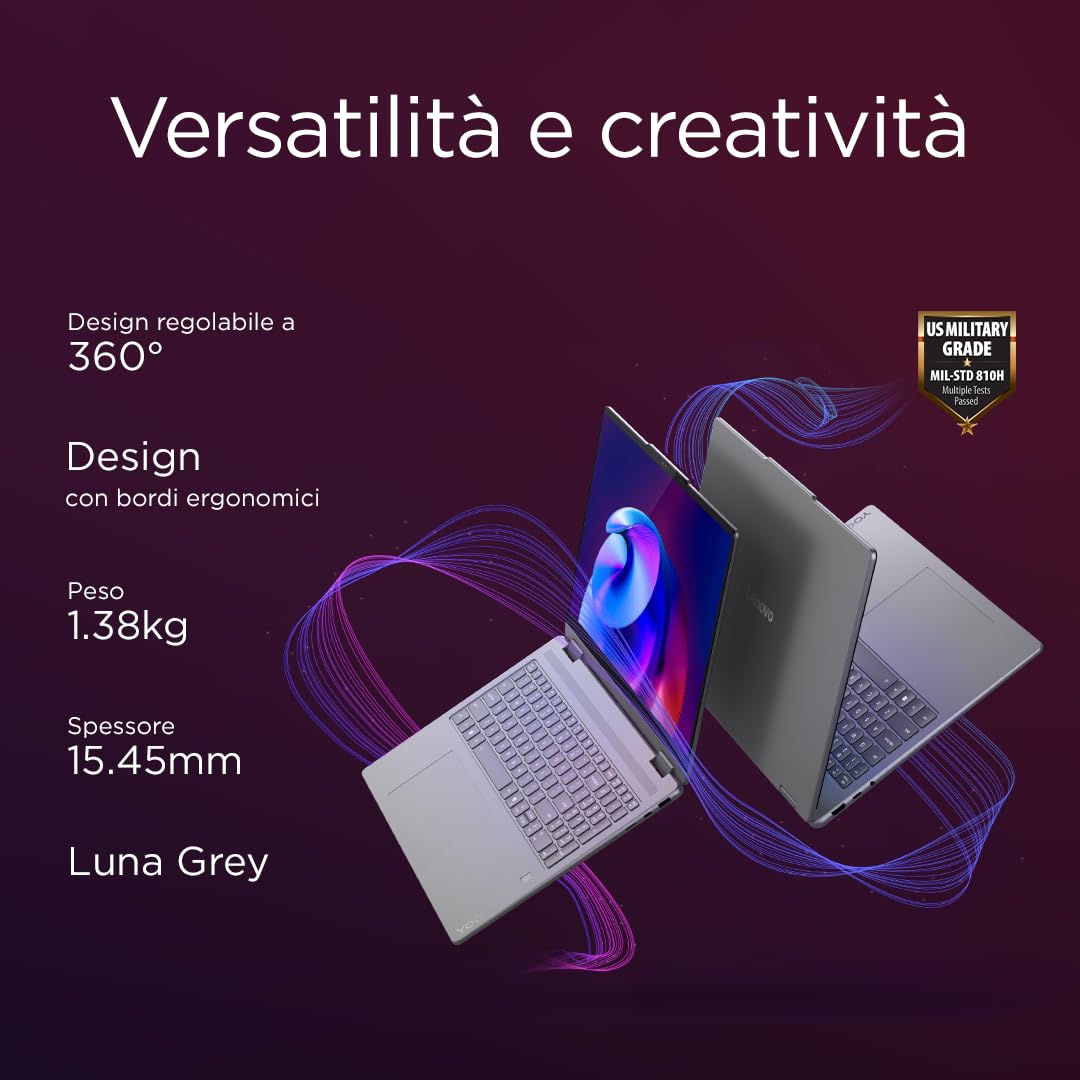 Lenovo Yoga 7 (2 in 1) Notebook Copilot+ PC Convertibile Touch 14” OLED WUXGA (1920x1200), Intel Core Ultra 5 226V, RAM 16 GB, 512 GB SSD, 60 Hz, Windows 11 Home, WiFi 7 - Luna Grey