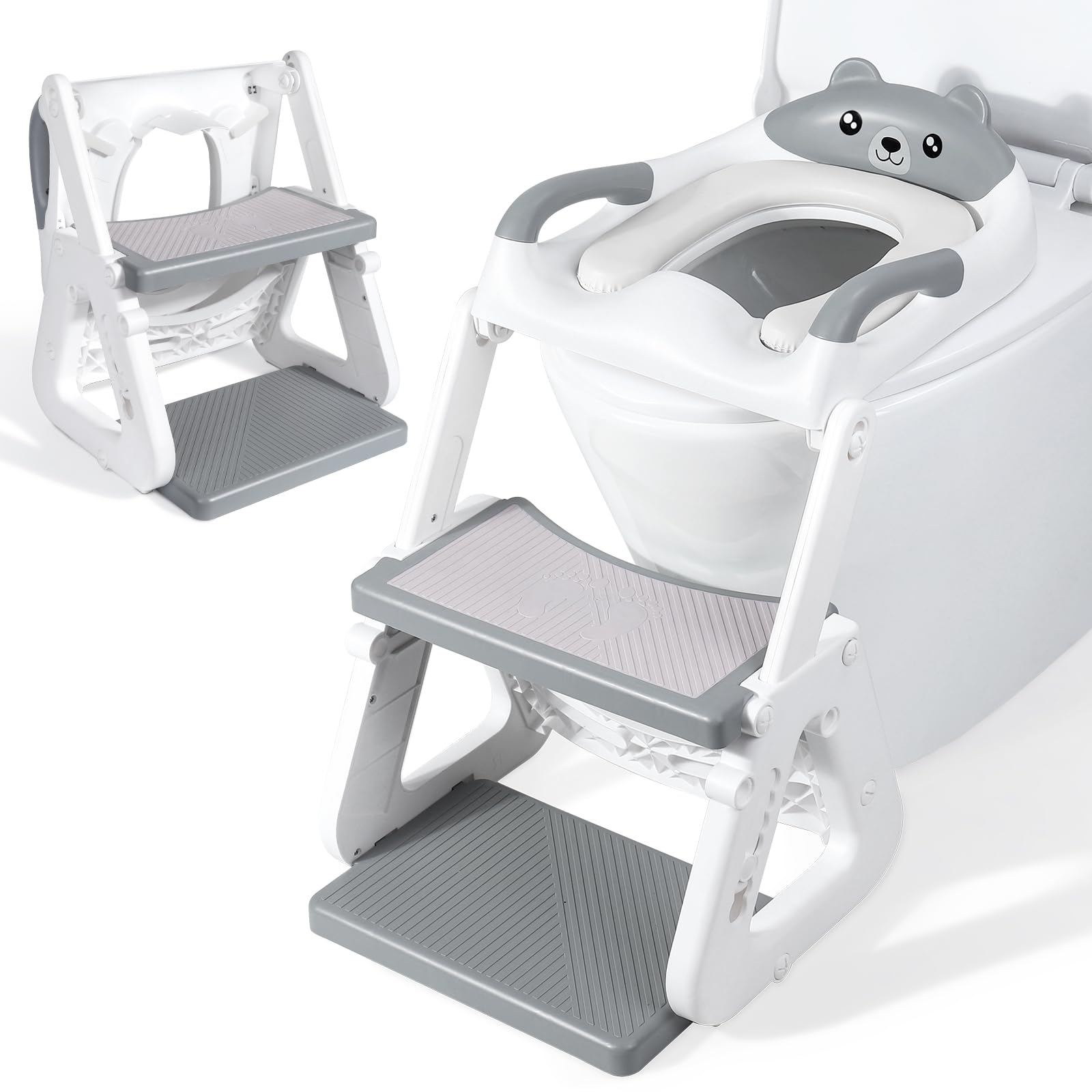 Orzbow Riduttore Wc Bambini con Scaletta, Stabilizzare Scaletta Wc Per Bambini con Struttura a Triangolo, Paraspruzzi Estesi e Cuscino in PVC Impermeabile, Antiscivolo e Pieghevole, Grigio