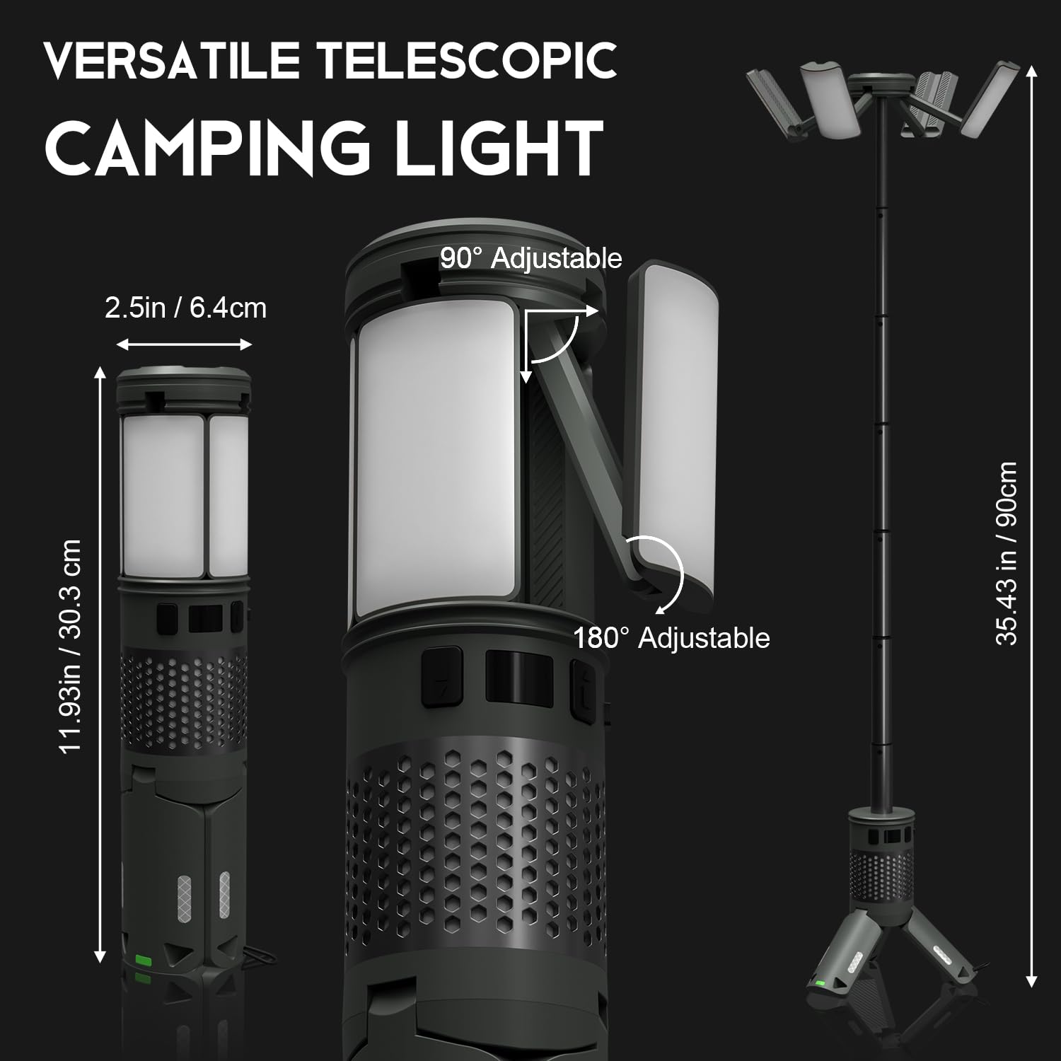 Lanterne de camping télescopique pliable avec batterie de 12 000 mAh, lumière LED étanche IPX6, base magnétique, lampe de poche rechargeable pour aventures en plein air, randonnée, urgence et