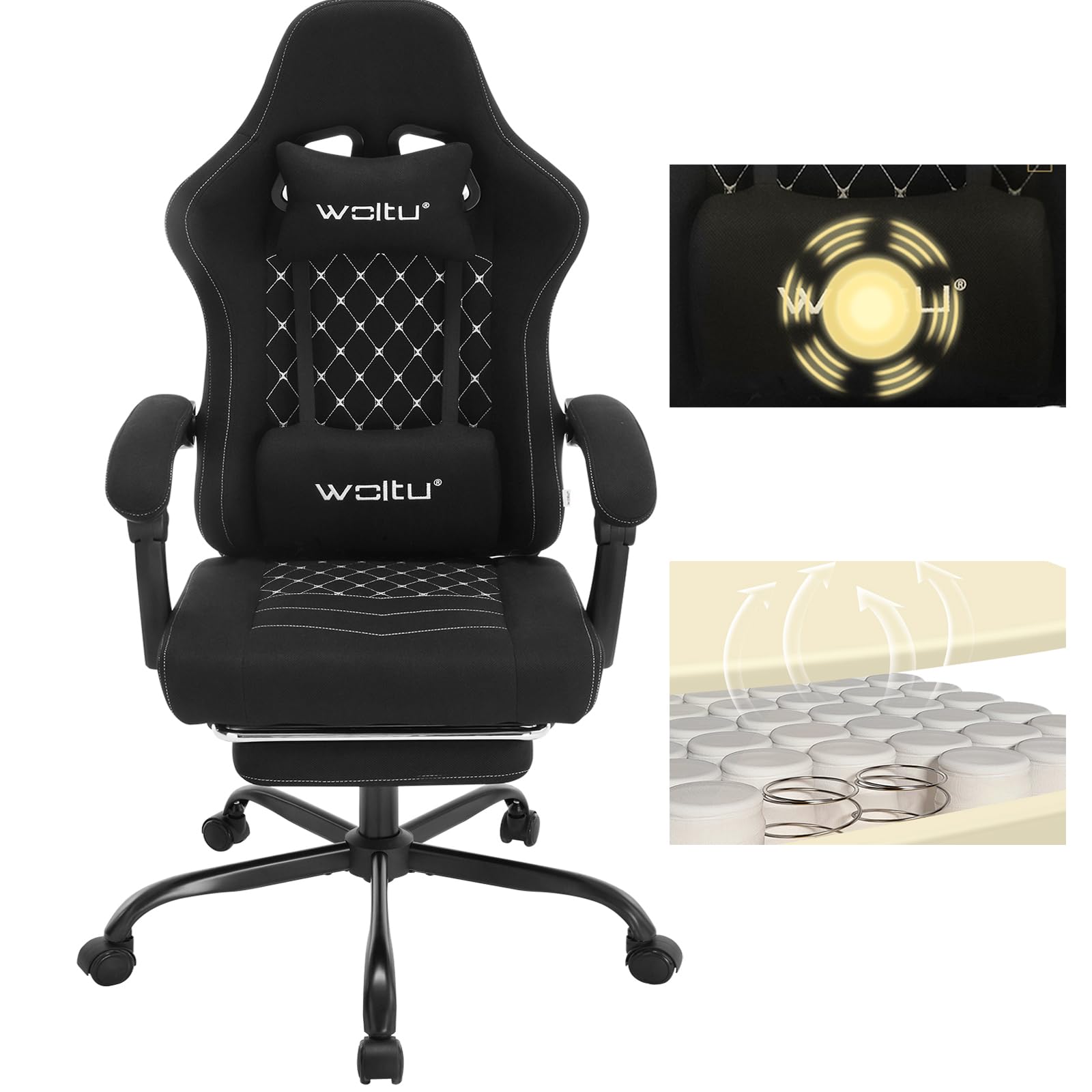 WOLTU Silla Gaming Ergonómica, Silla Oficina con Soporte Lumbar Masaje y Reposapiés Extraible, Silla Giratoria con Gran Asiento de Muelle, Capacidad de 150 kg, Tela de Malla, Negro+Blanco, GS08sz