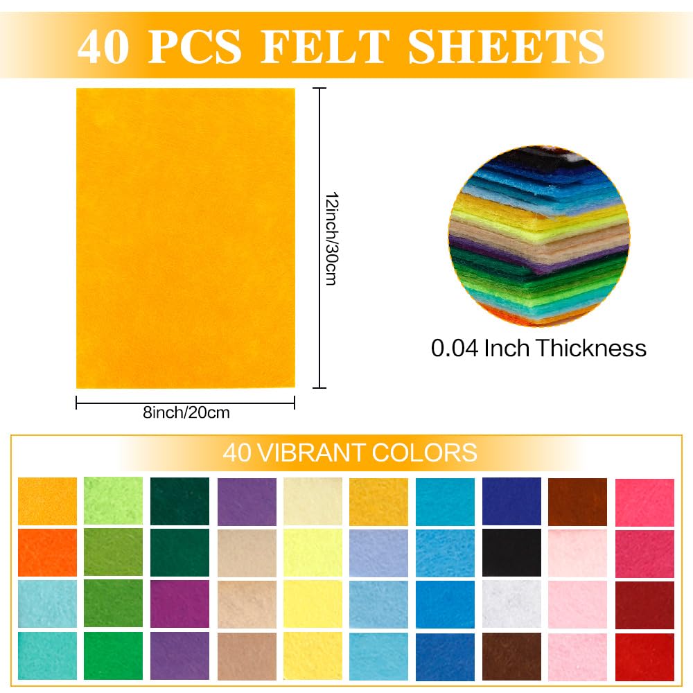 40PCS Felt Sheets, 8" x 12" Assorted Colors Felt Fabric 1mm Thick Felt Squares Felt Fabric Sheets Nonwoven Fabric Squares for Crafts Sewing DIY Patchwork DIY School Projects Home Party Decoration