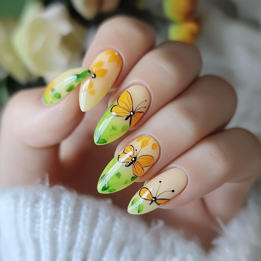 24 PCS French Tip Press on Nails Medium Almond Butterfly Fake Nails with Gradient Design Spring Summer Yellow Butterflies False Nails Glue on Nails Full Cover French Acrylic Nails for Women Girl Shining 123