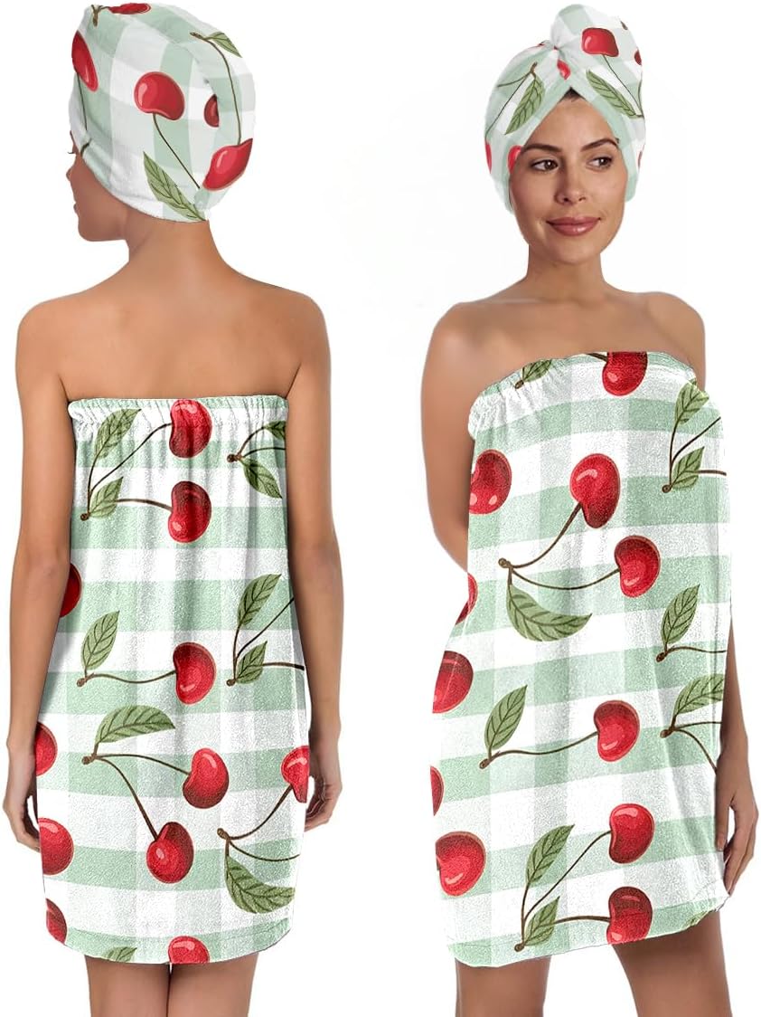 チェリープリントバスラップスカートとヘアドライキャップセット – 吸収性マイクロファイバーシャワースパタオル 伸縮性のある滑り止めク