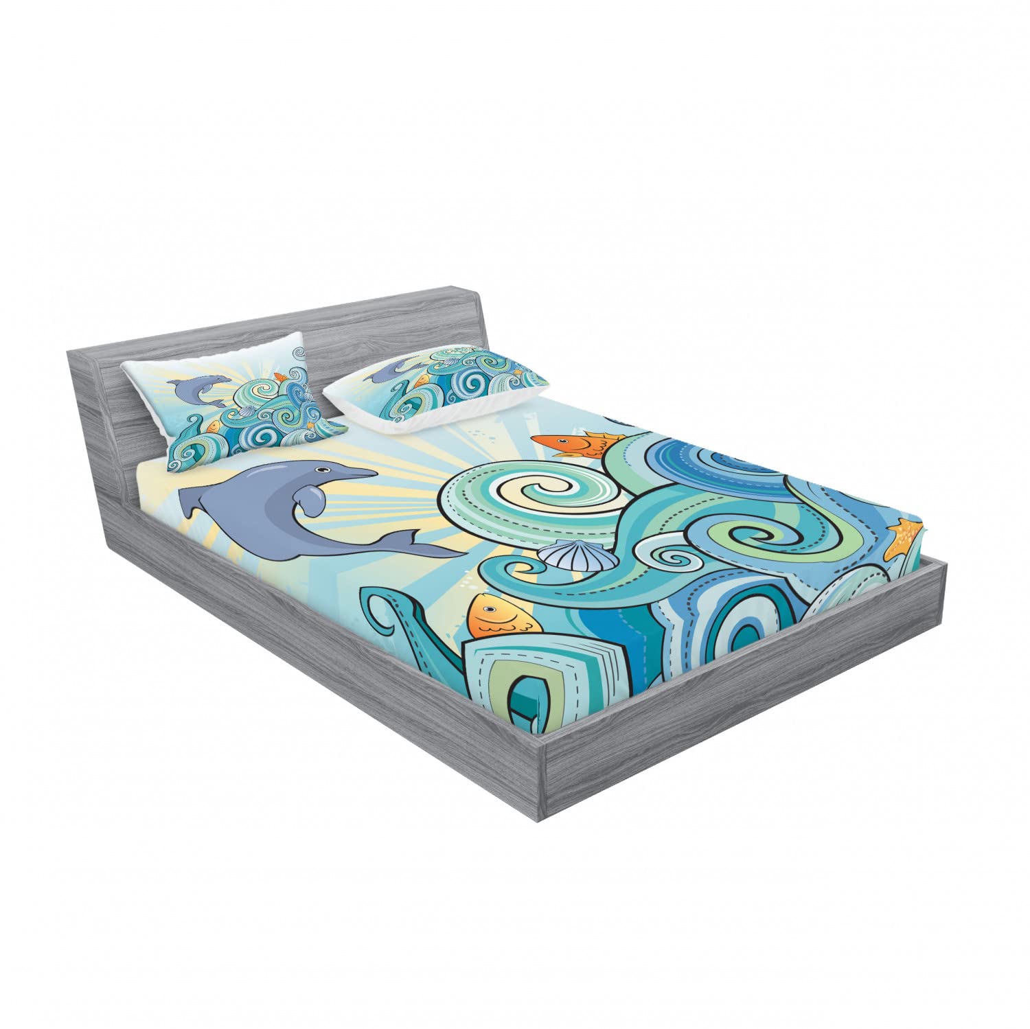 Ambesonne Sea Animals Fitted Sheet & Pillow Sham Set, Dolphin Fish Starfish Shells in Ocean Marine in Summer Pattern Print, Decorative Printed 6 Piece Bedding Decor Set, King, Blue