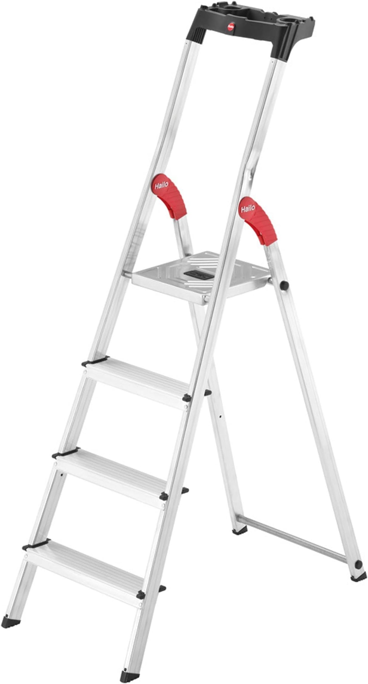 Hailo L60 StandardLine | Aluminum Folding Stepladder | Four Steps | Integrated Multifunctional Storage Tray | Stable tie bar Guide | Patented HAILO Hinge Protection | Rustproof | Silver 8160-427