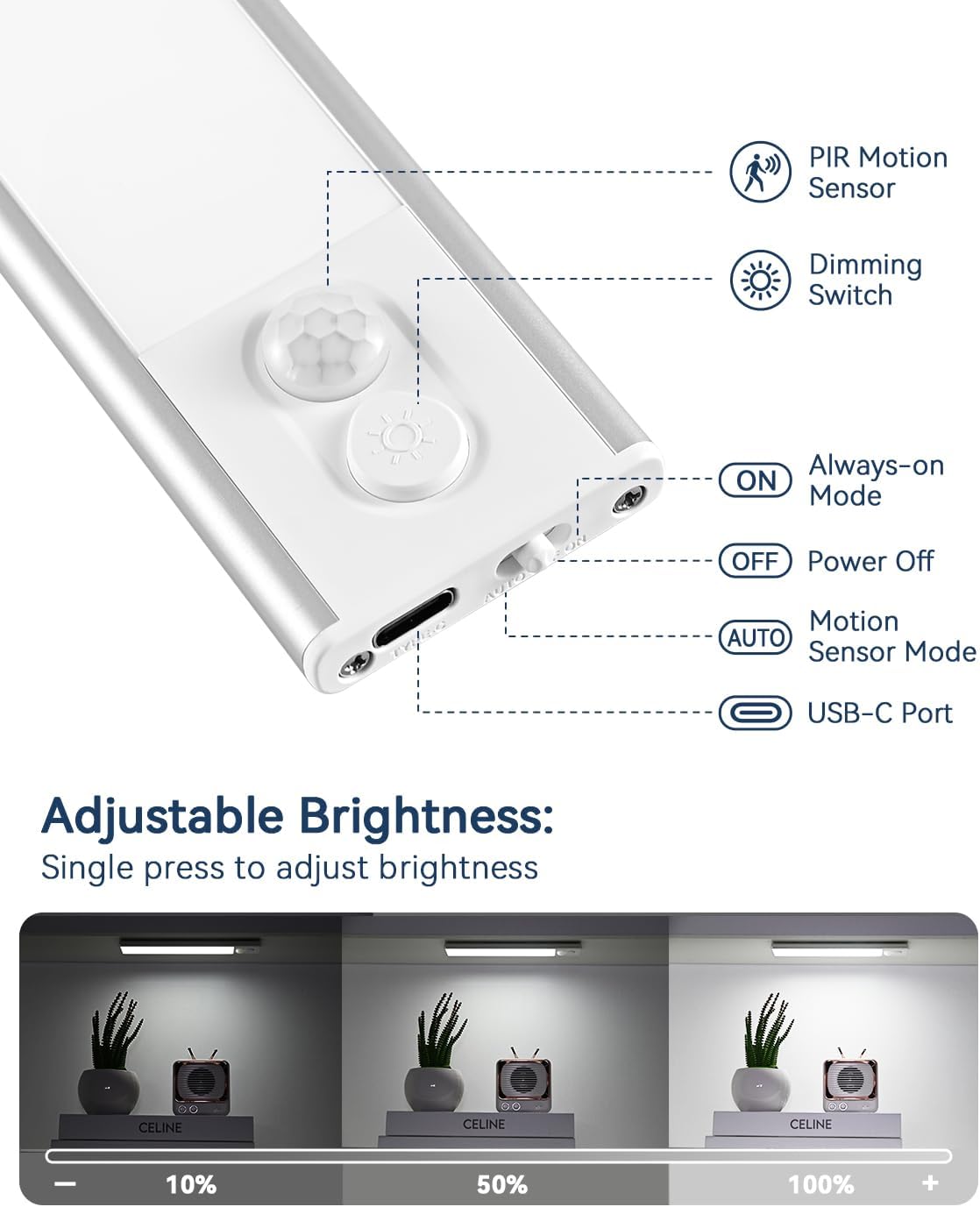 Under Counter Lights for Kitchen, Dimmable Magnetic Motion Sensor Under Cabinet Light, 1100 mAh Wireless LED Under Cabinet Lighting Rechargeable - Shelf, Closet, Stairs, Hallway