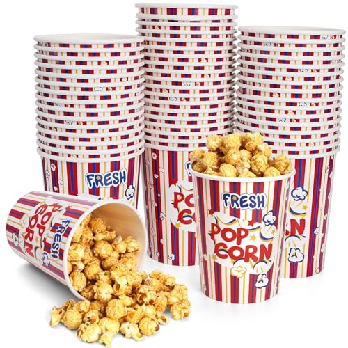 Covzoe 50 Pack Popcorn Buckets, 32Oz Disposable Paper Popcorn Boxes Bulk, Grease Resistant Popcorn Bowls Cups for Movie Night Supplies, Classic Treat Snack Containers for Home Birthday Christmas