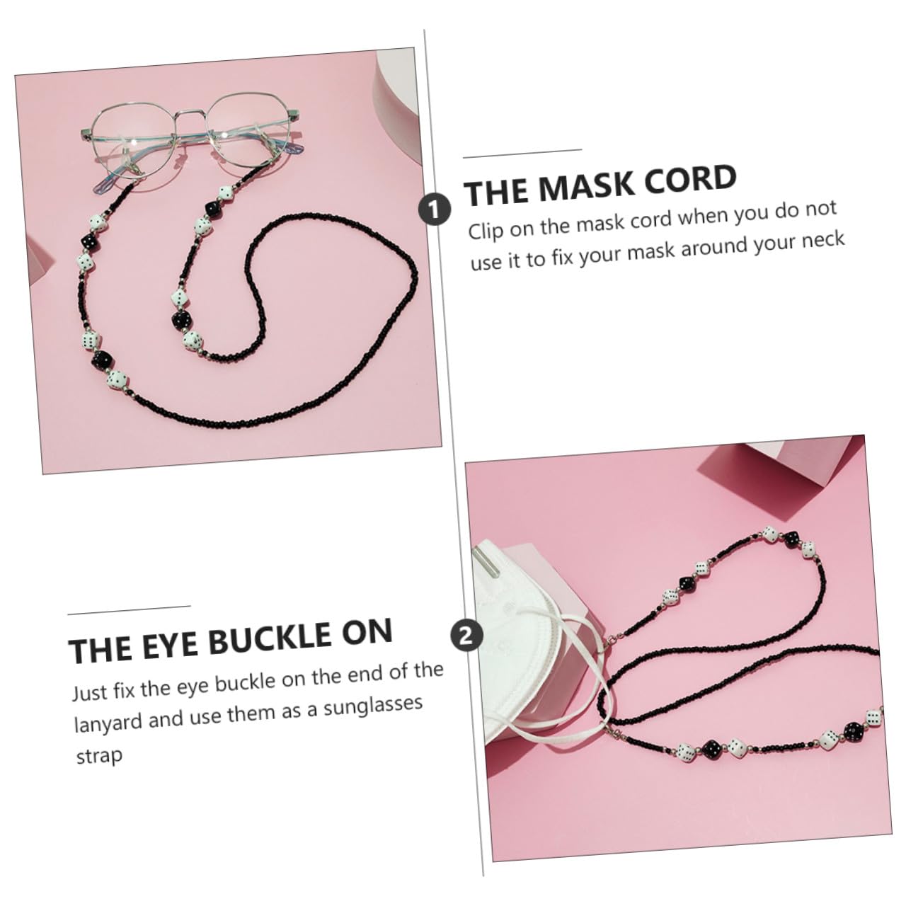 Ipetboom Cadena de Gafas de Dados en Negro y Blanco Cuentas
