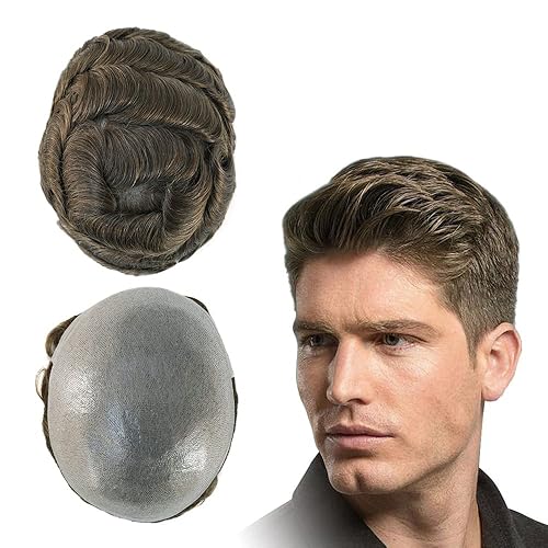 Toupee para hombres piezas de cabello humano, sistema de reemplazo de cabello, piel fina en V, unidades de cabello castaño claro #7