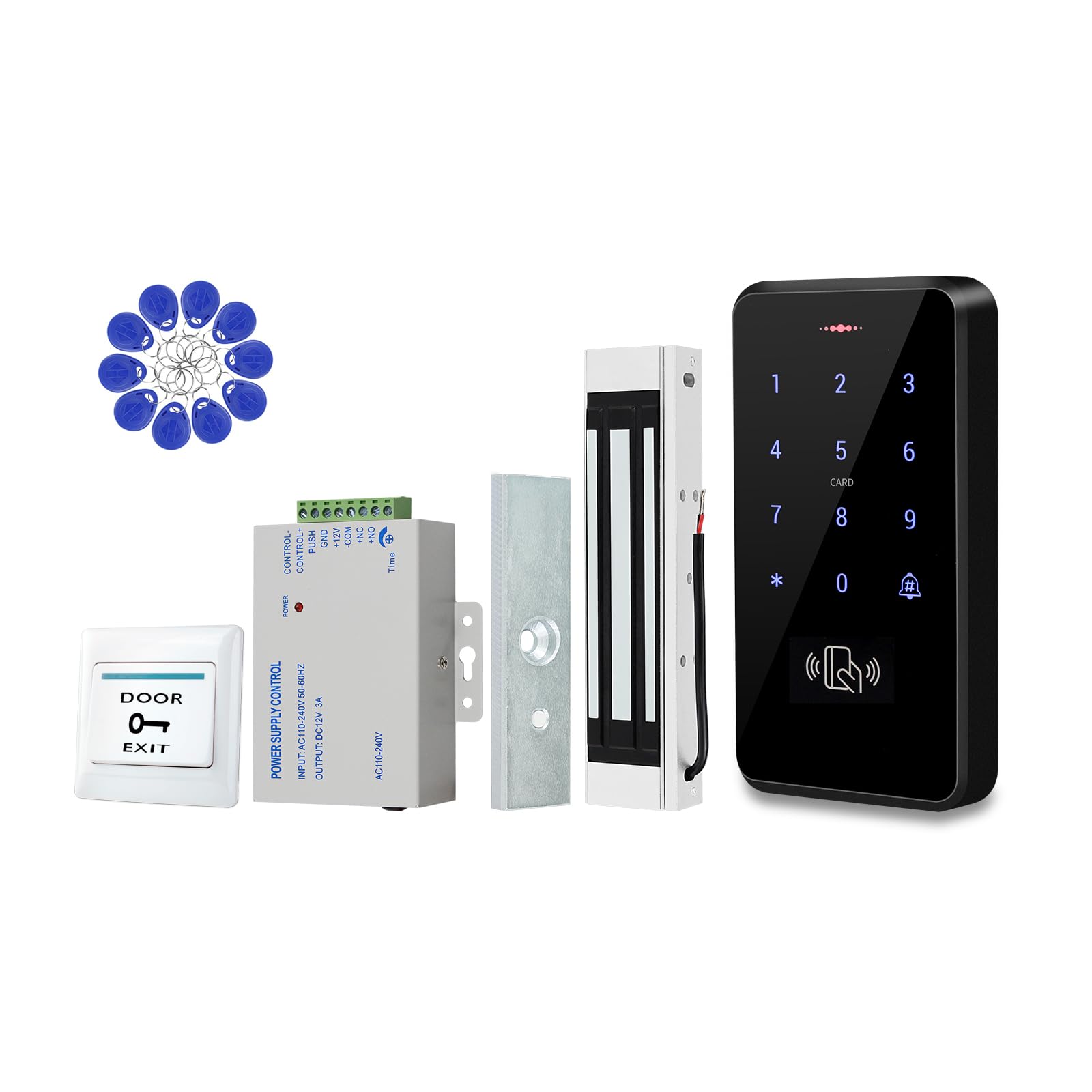 IP68 - Kit de sistema de control de acceso para puerta exterior impermeable, teclado RFID, cerradura magnética de 180 kg, fuente de alimentación, 10 llaveros