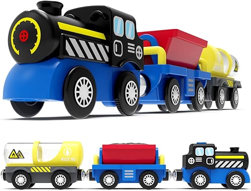 PowerHauler Express - Tren a pilas para pistas de madera, juguete clásico de motor de vapor de carga con 3 autos magnéticos, compatible con todas