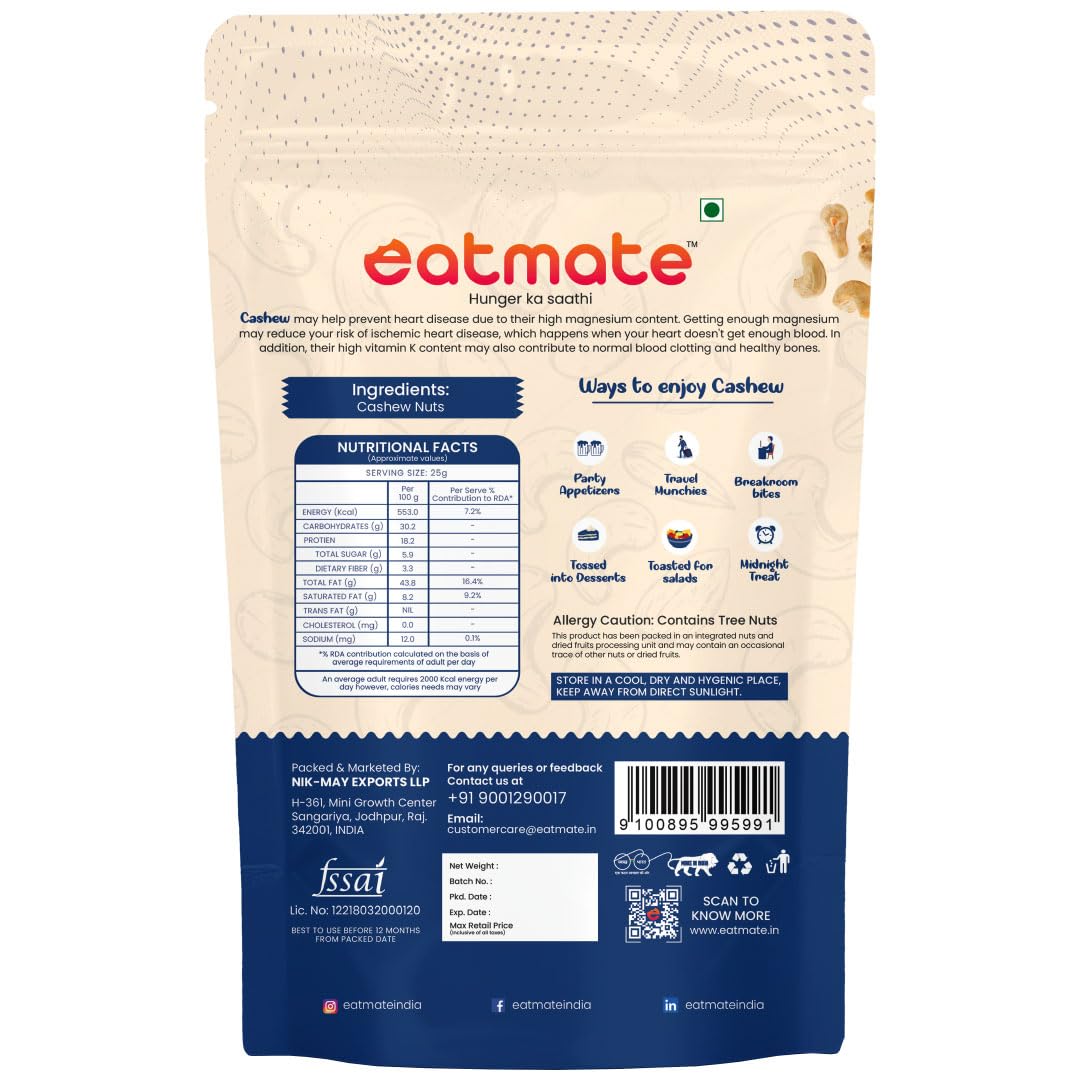 Eatmate Premium Cashews 250g | Handpicked Whole Kaju with Rich Taste & Crunchy Texture | Naturally Nutritious and Flavorful | Perfect for Snacking, Baking, Cooking, Desserts & Festive Treats 1
