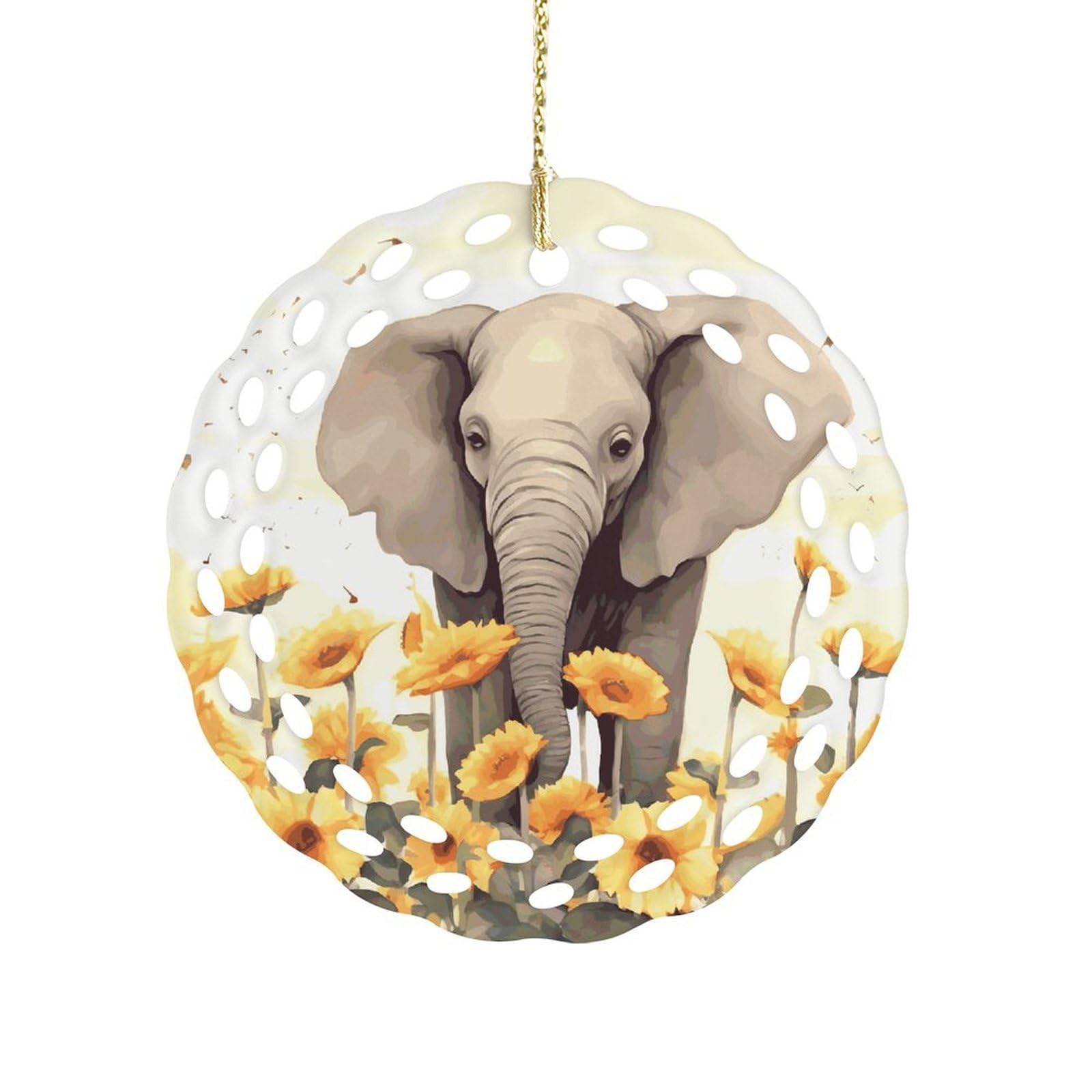 Fodpand Women's Style Elephant And Sunflower Ceramic Ornament For Home Decor 3.2" Round Tree Decoration Christmas Ornaments For Men Double-Sided Design