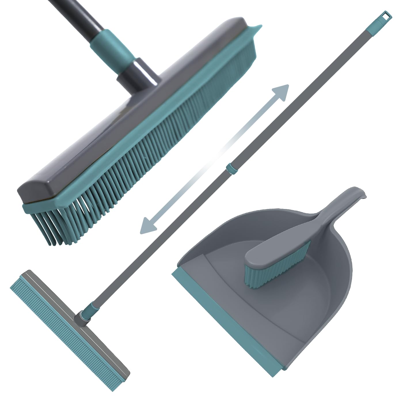 Knight Grey With Blue Rubber Broom & Dustpan Rubber Brush Set, Telescopic Extendable Long Handle, Silicone Carpet Cleaning Broom & Brush, Broom With Squeegee For Pet Hair Removal & Floor Cleaning - Grey/Teal