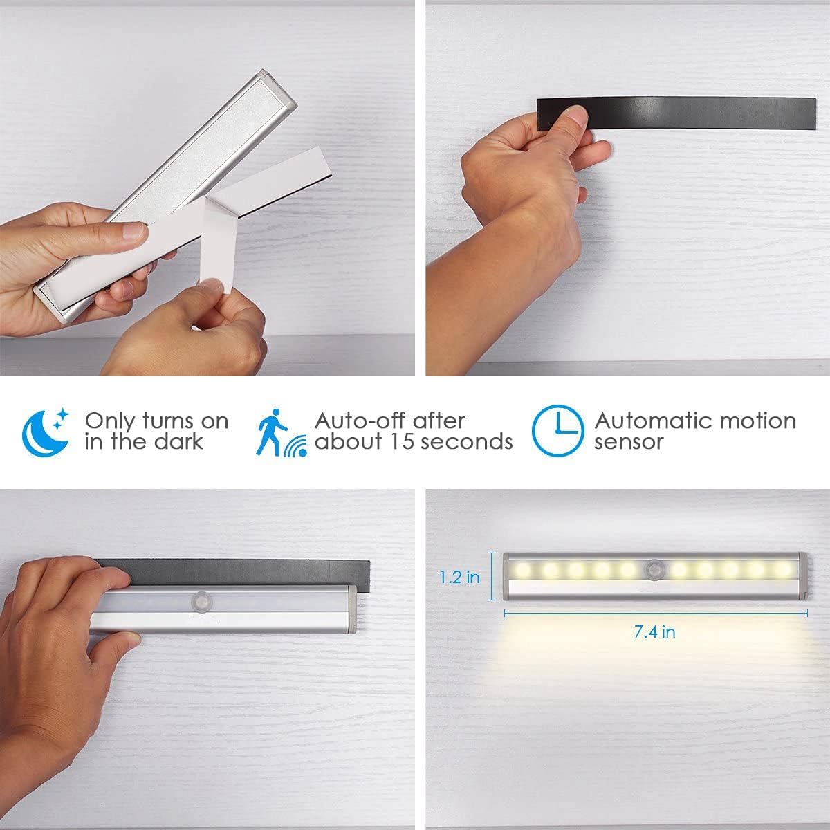 AMIR Motion Sensor Closet Lights, DIY Stick-on Anywhere Portable 10-LED Cabinet Night/ Stairs/ Step Light Bar with Magnetic Strip Battery Operated (Warm White - Pack of 6) 6 Warm White
