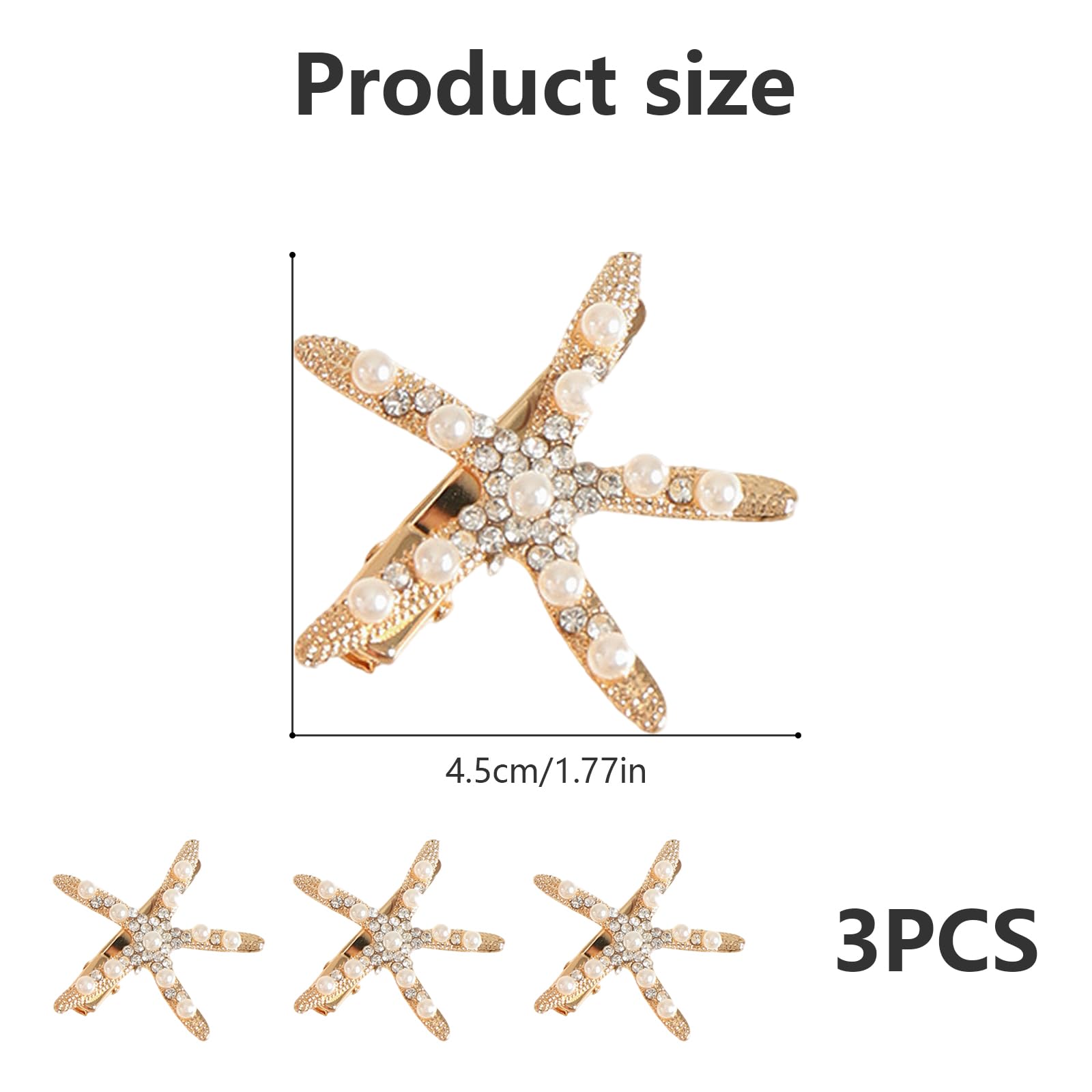 Hair Clips - Homiladi 3Pcs Gold Starfish Hair Clip with Pearls & Rhinestones, Golden, 1 count (Pack of 3) - Image 2