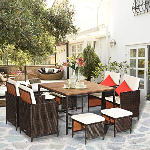 image for Tangkula 9 Pieces Wood Patio Dining Set, Space Saving Wicker Chairs an