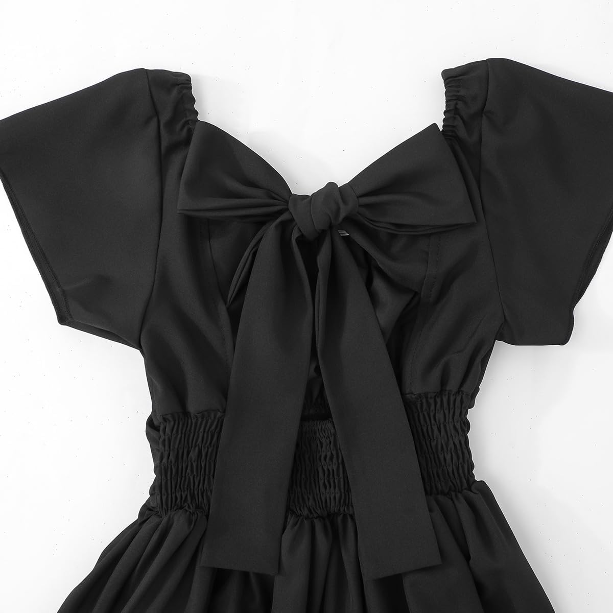 Magic Park 4-15Y Kid Flutter Sleeve Dress Square Neck Tie-Back Dresses Off Shoulder Dress Tween Girl Solid Color A-line Skirt - Image 5