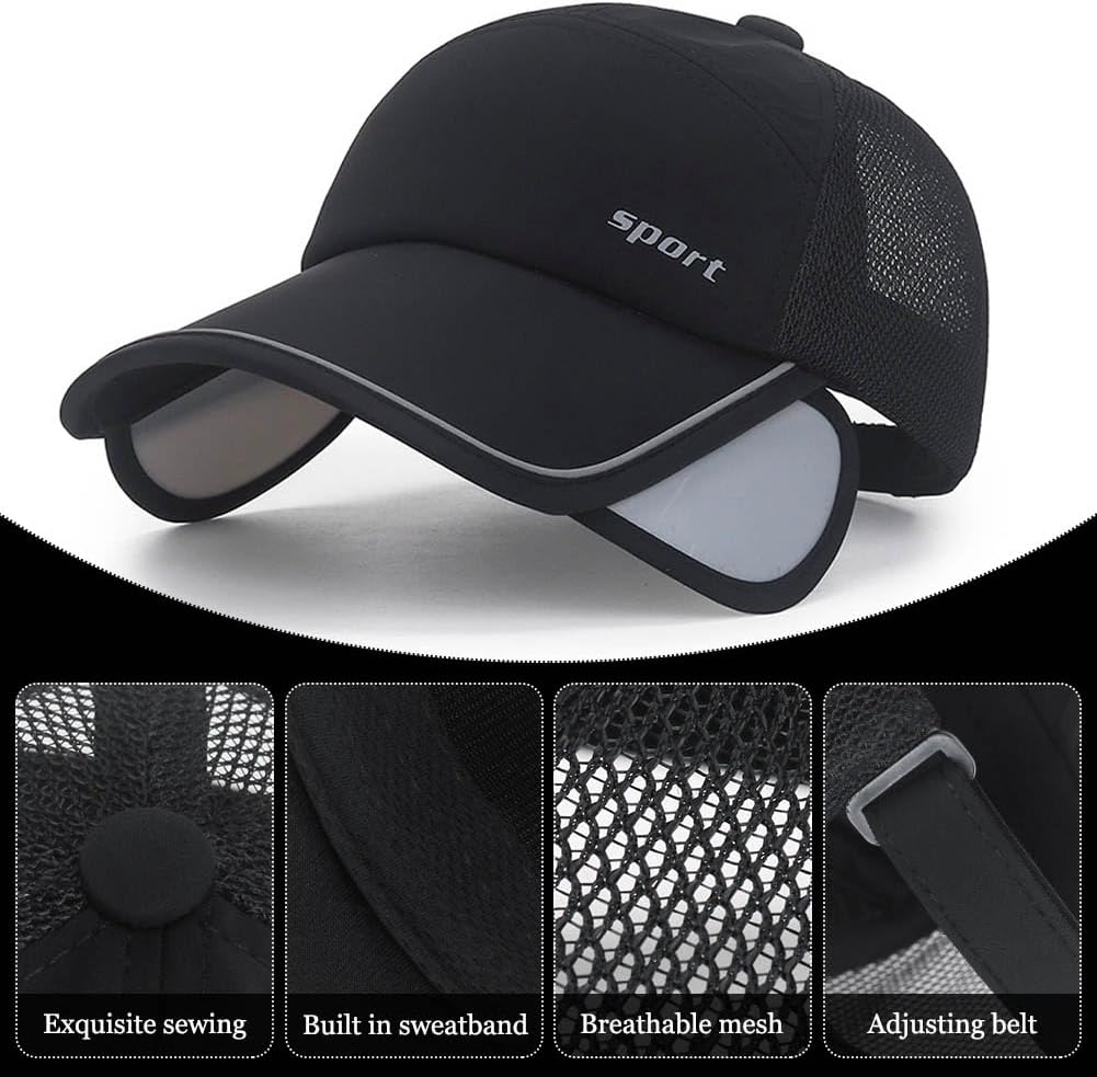 2Pcs Mesh Back Baseball Cap with Retractable Brim for Men Women UV Sun Protection Breathable Tennis Golf Visors Hats