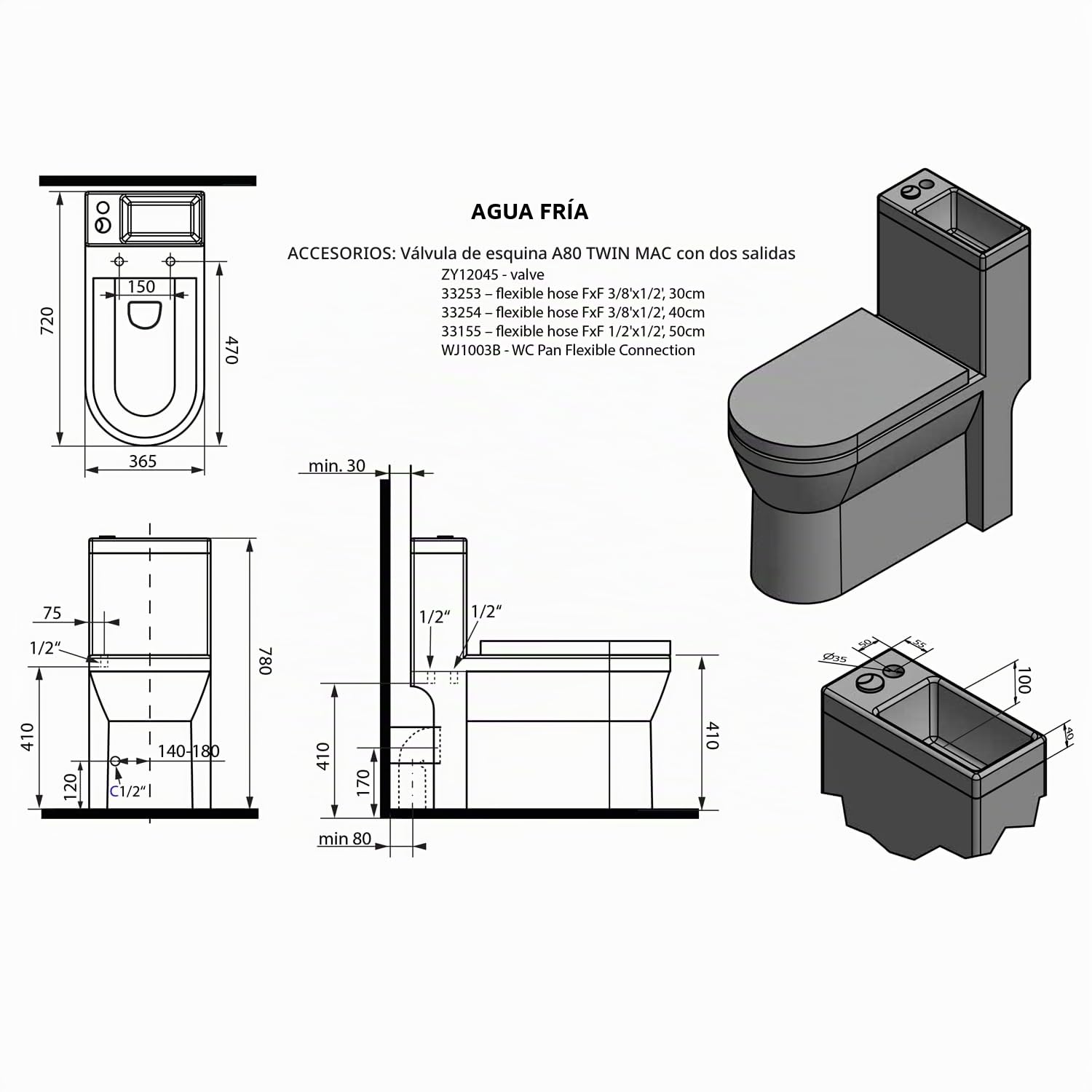HYGIE WC compacto con lavabo, cerámica, blanco, 36,5 x 78 x 72 cm, tapa de cierre suave
