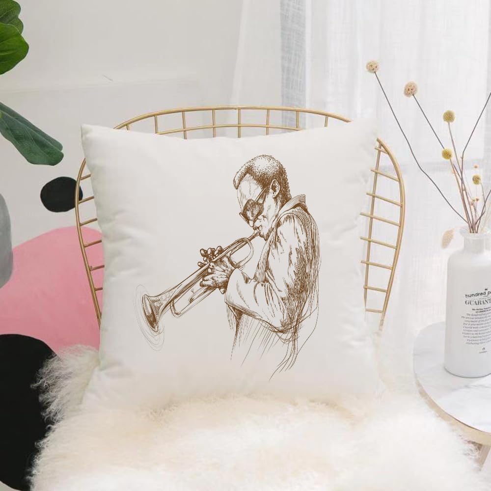 Hyosxw Jazz Concept Man Playing The Trumpet Music V - A1 Cushion Cover,Throw Pillow Case Home Decorative For Living Room Bedroom Sofa Chair 18X18 Inch,Jazz Concept Man Playing The Trumpet Music Vintage Illustration Engraved Retro,Pillowcase 45X45cm