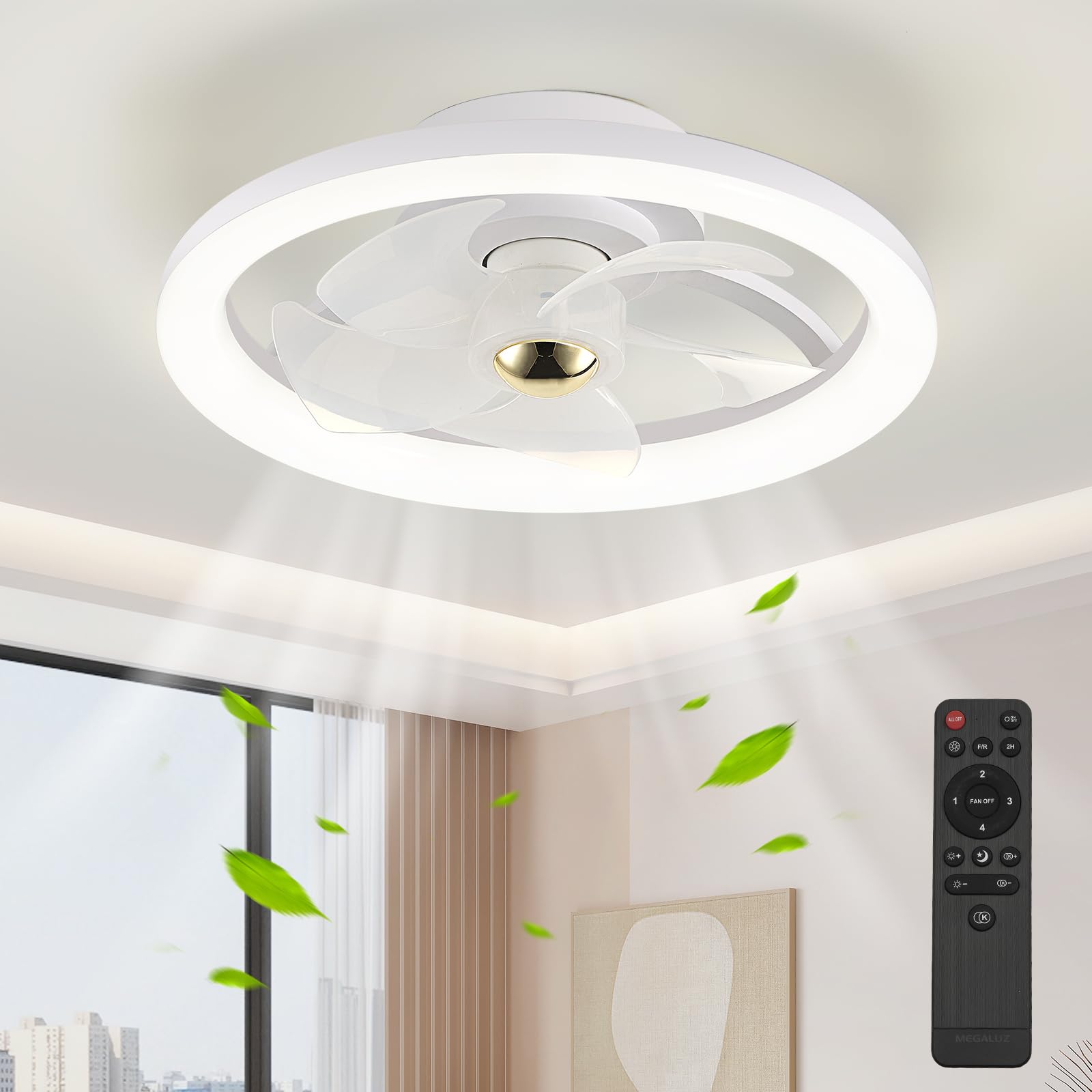 POWROL Ventilador de Techo Con Luz, Ventilador de Techo Moderno Sin Aspas Regulable 3 Colores Reversible Silencioso Lámpara de Ventilador de Techo 4 Velocidades Temporizador Para Dormitorio