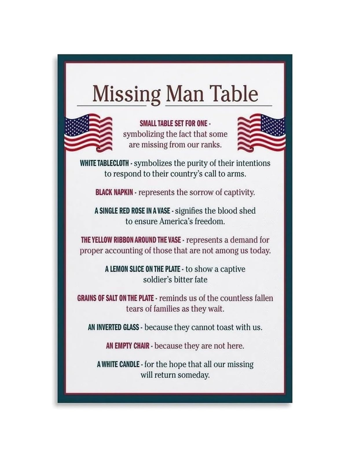 LLBOGRGGN POW MIA Missing Man Table Metal Tin Sign Veterans Memorial Fallen Soldier Tribute Guide Patriotic Man Cave Decor 8 X 12 in