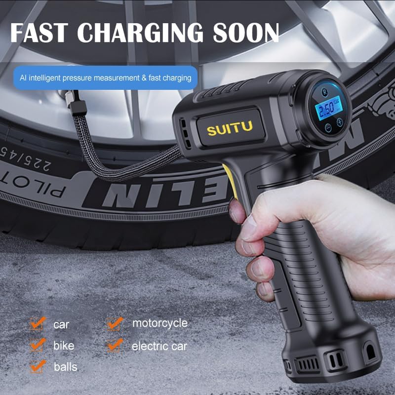 Miniatura 2 de Bomba de inflado de coche inalámbrica, compresor de aire portátil, inflador de neumáticos de 12 V, con indicador digital de presión puntero y luz