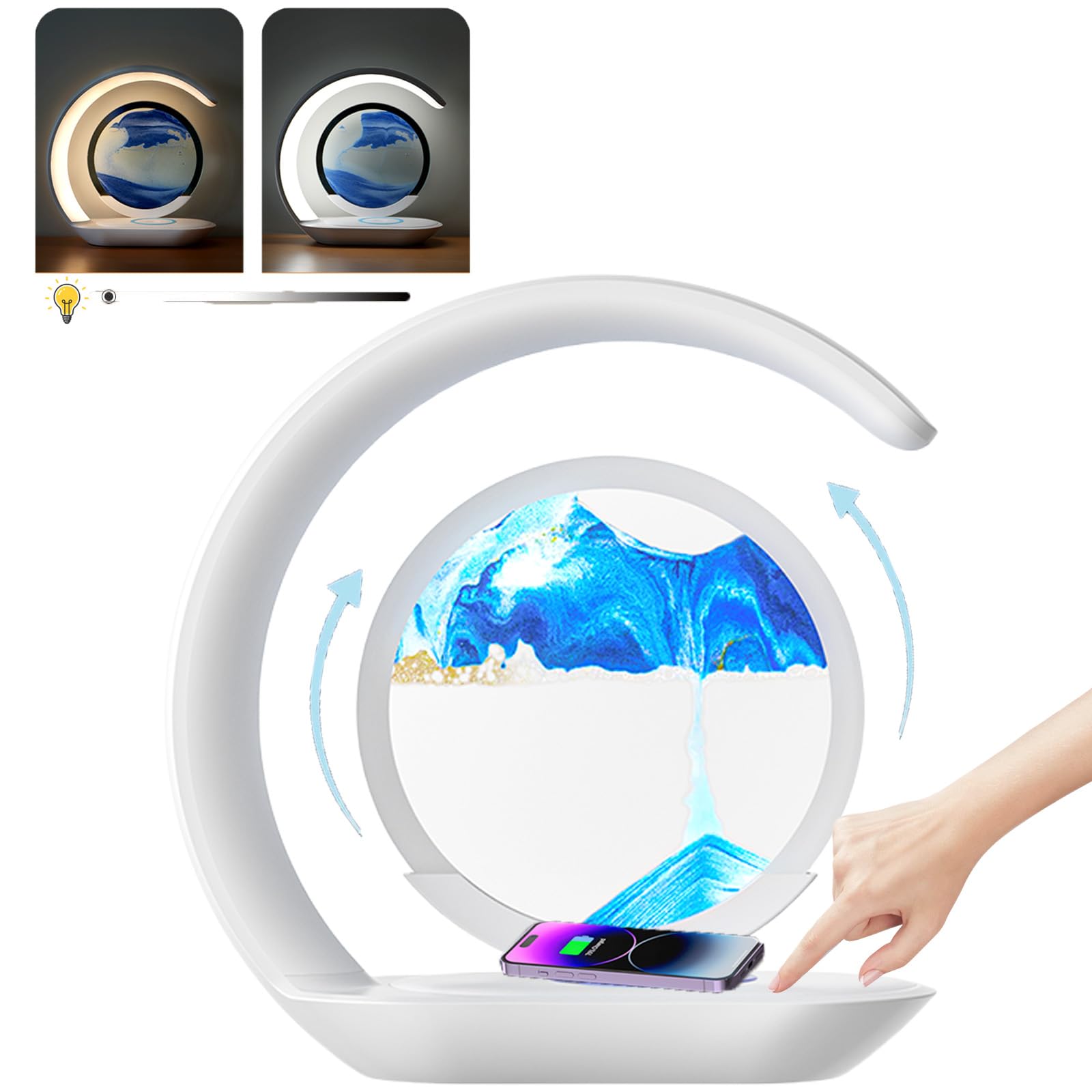 table lamp moving sand art lamp with wireless charger 360° rotating 3d hourglass lights 2 color cordless night light , touching control dimmable quicksand beside lamp for Restaurant bedroom,Blue