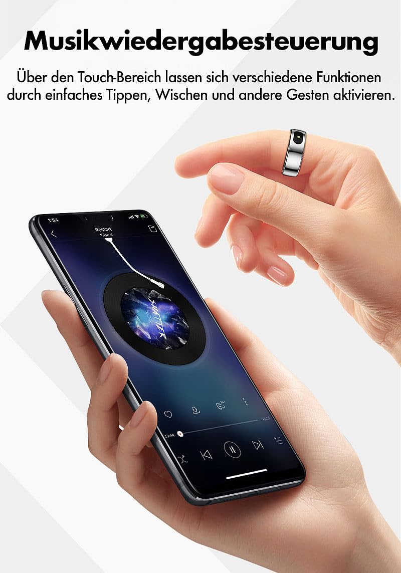 Newgen Medicals Schlaf-Fitness-Ring: Fitnesstracker-Ring, Touch-Bedienung, Herzfrequenz, SpO2, 5 ATM, Gr.57 (Smart mit Herzfrequenzmessung, Activity-Tracker, Akkus)
