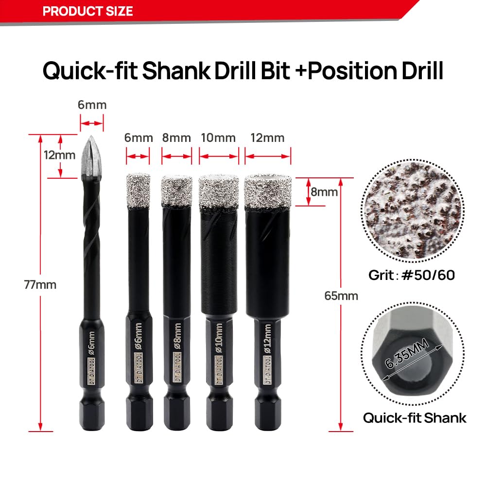 DT-DIATOOL Diamond Drill Bits 4pcs 6/8/10/12mm with 1pc 6mm Diamond Tip Carbide Drill for Tile Porcelain Ceramic Marble Granite - Image 3
